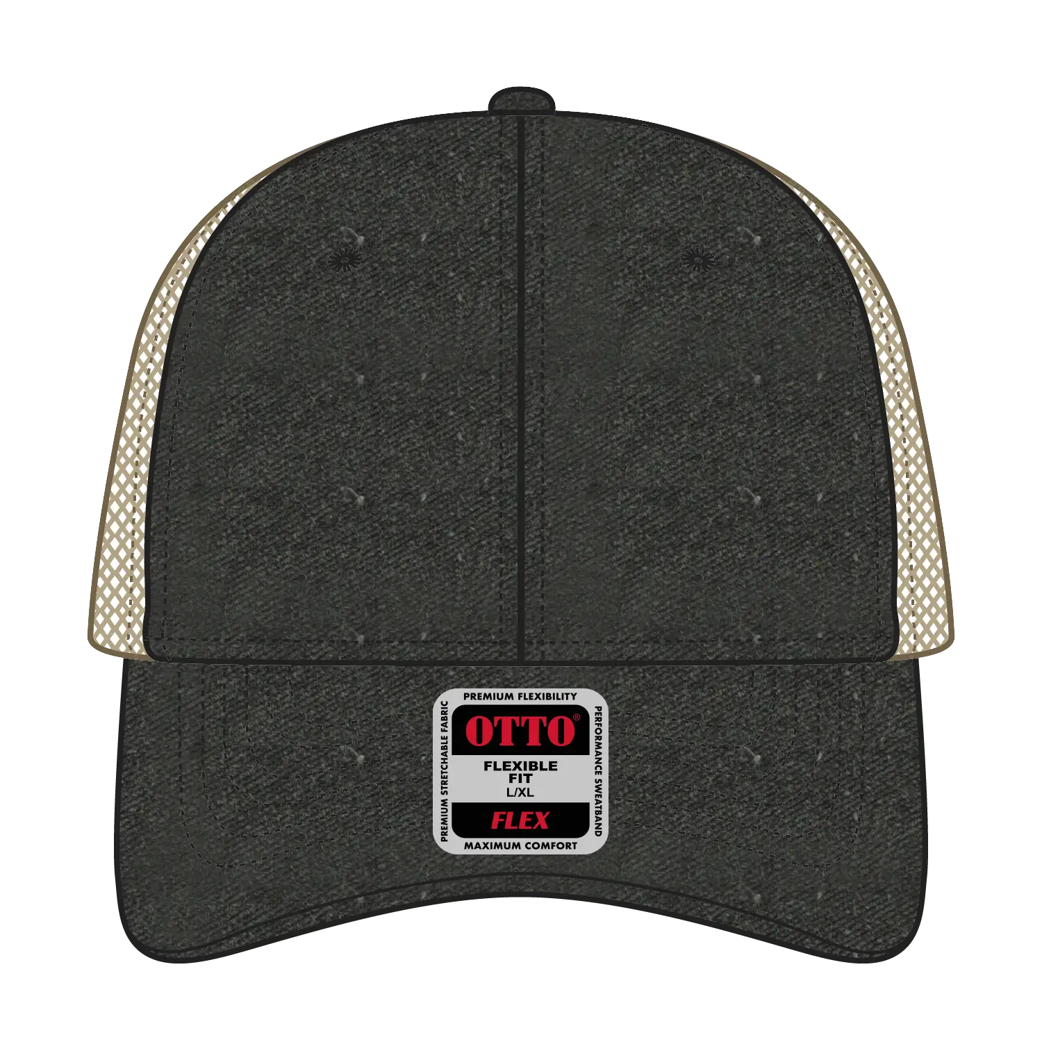 OTTO 169-1264 ’OTTO Flex’ Fitted 6 Panel Low Profile Mesh Back Trucker Cap - Blk/Blk/Kha - Blk/Blk/Kha / 7 3/8’’ - 7