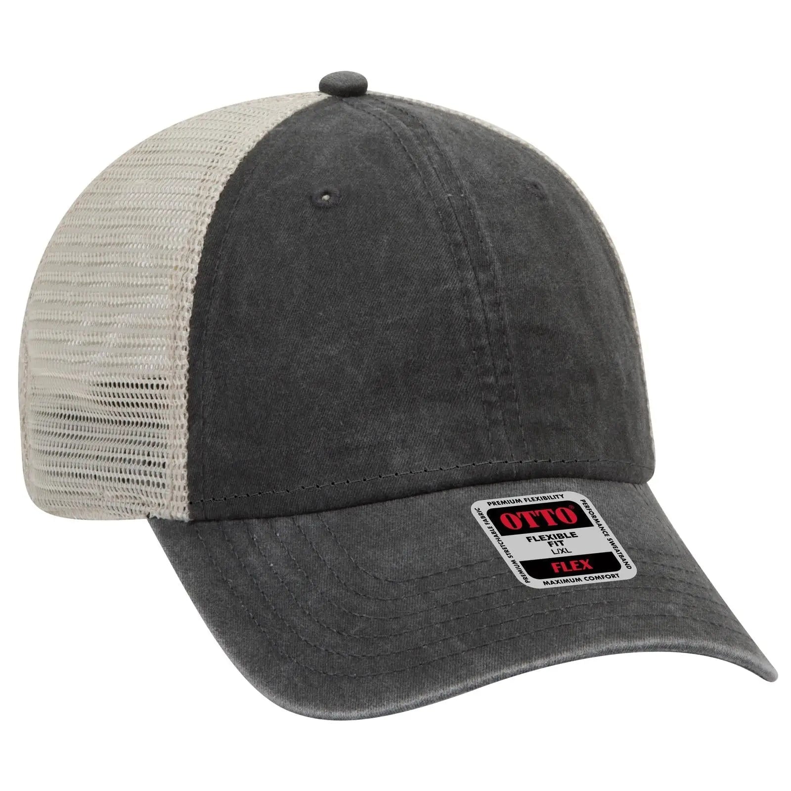 OTTO 169-1264 ’OTTO Flex’ Fitted 6 Panel Low Profile Mesh Back Trucker Cap - Blk/Blk/Kha