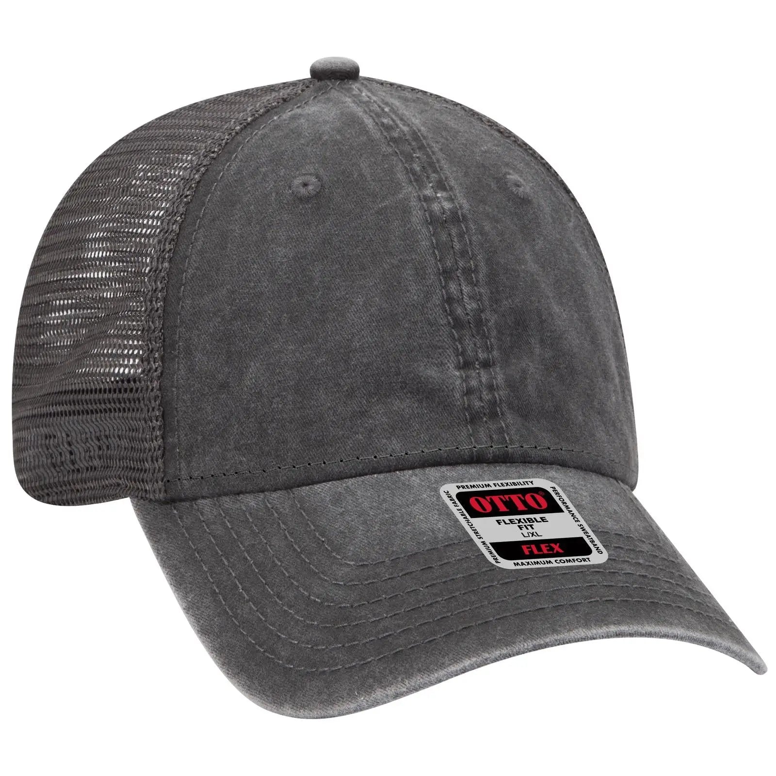OTTO 169-1264 ’OTTO Flex’ Fitted 6 Panel Low Profile Mesh Back Trucker Cap - Blk/Blk/Ch.Gry