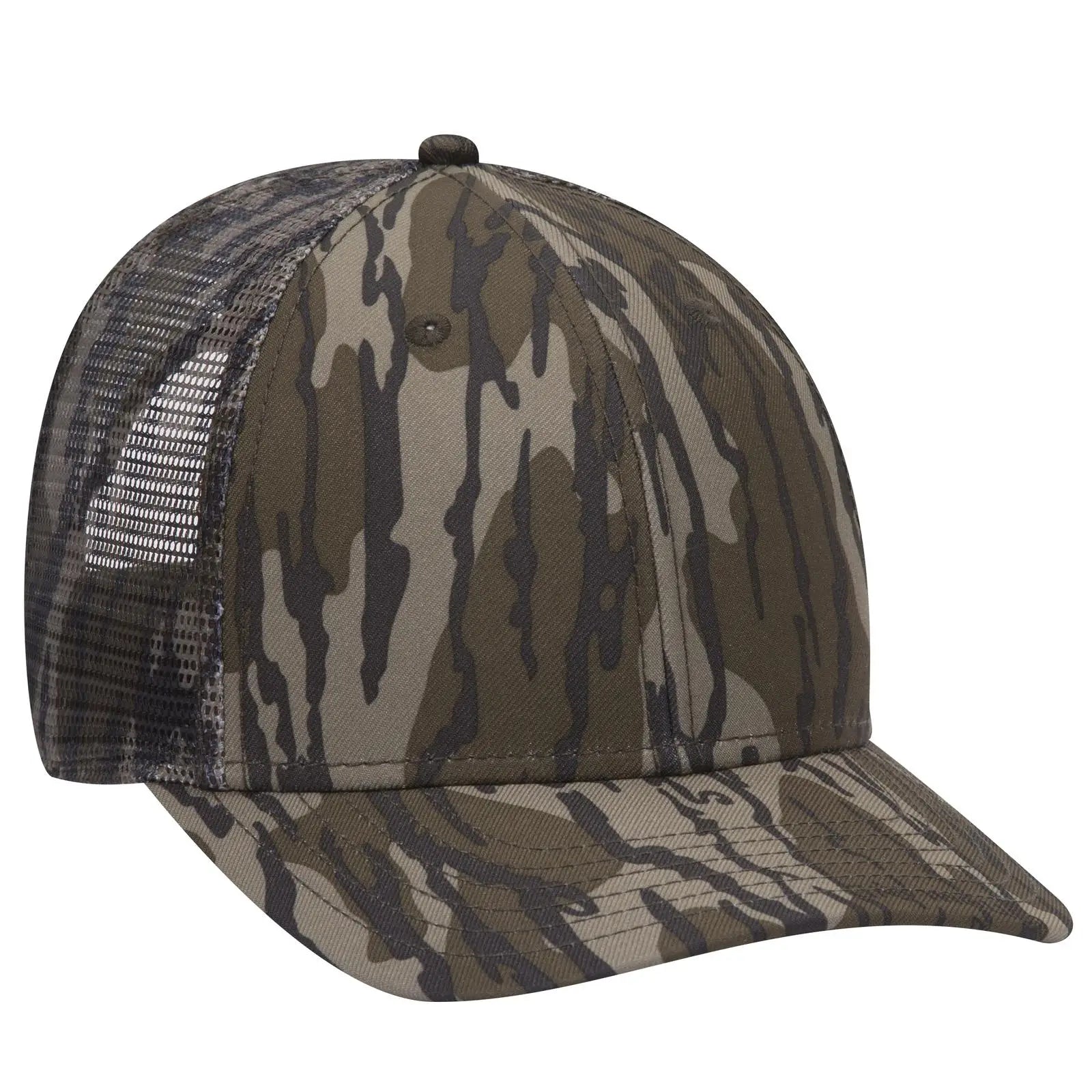 OTTO 171-1292 Mossy Oak Camouflage Superior Polyester Twill 6 Panel Low Profile Mesh Back Trucker Cap - Bottomland