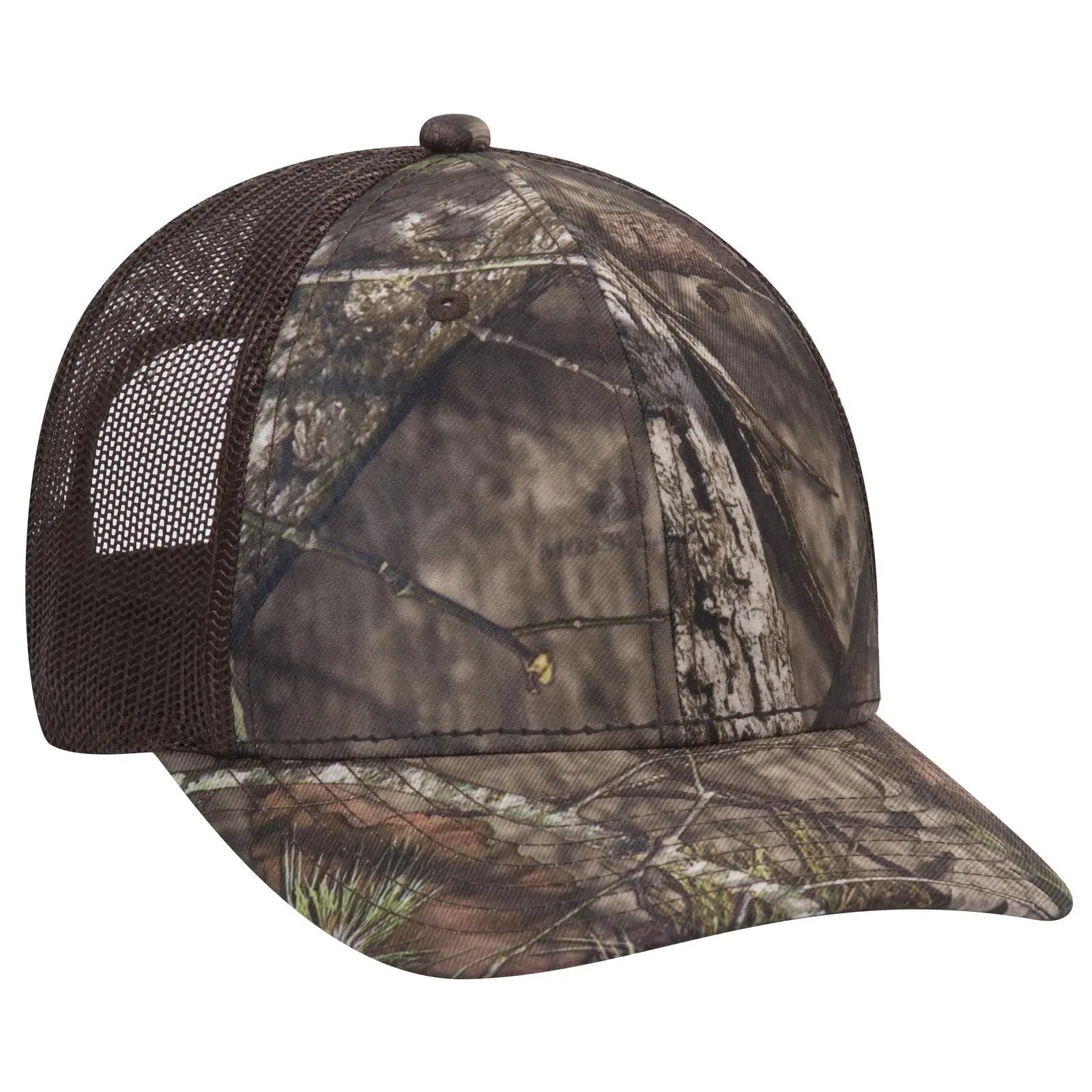 OTTO 171-1293 Mossy Oak Camouflage 6 Panel Low Profile Mesh Back Trucker Cap - Break Up Country/Dk. Brn - Break Up
