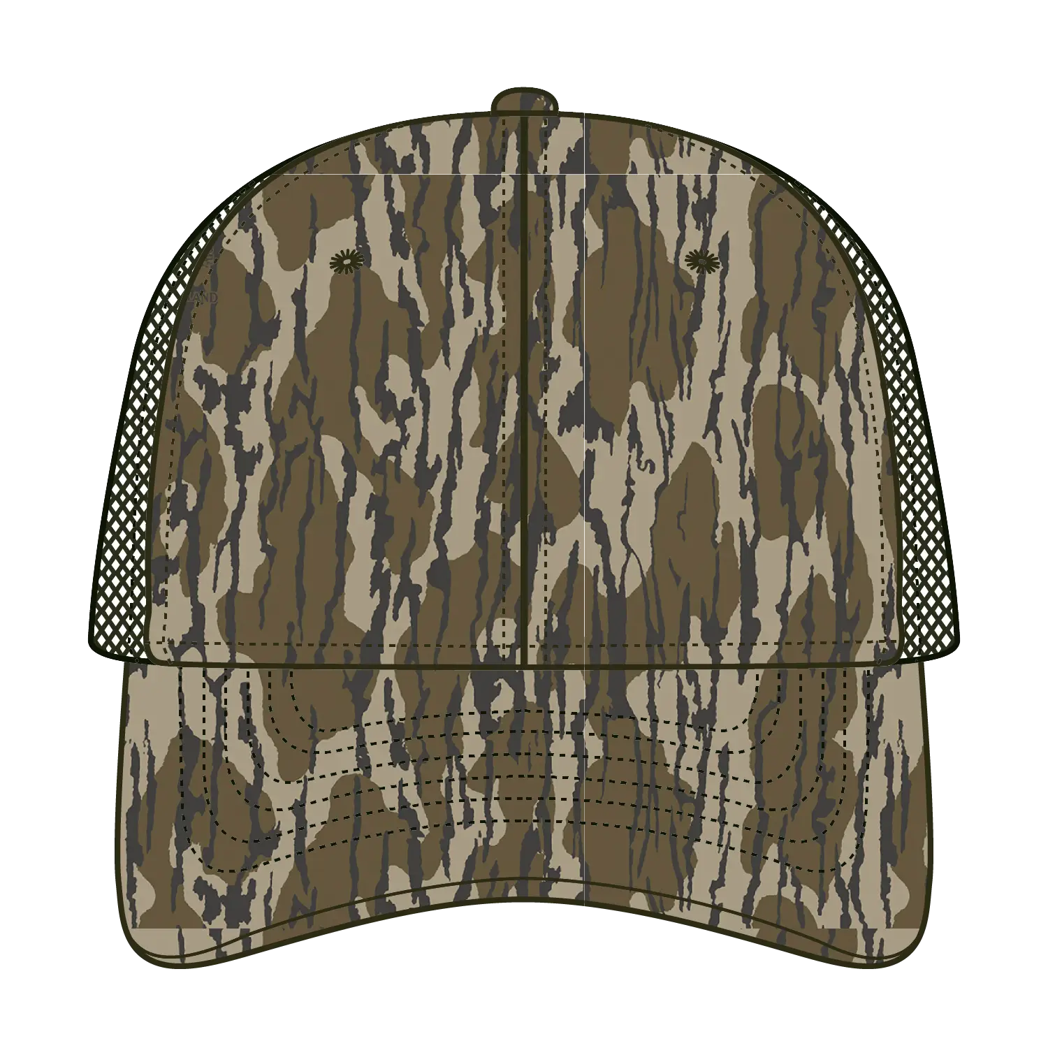 OTTO 171-1293 Mossy Oak Camouflage 6 Panel Low Profile Mesh Back Trucker Cap - Bottomland/Dk.Ol. Grn