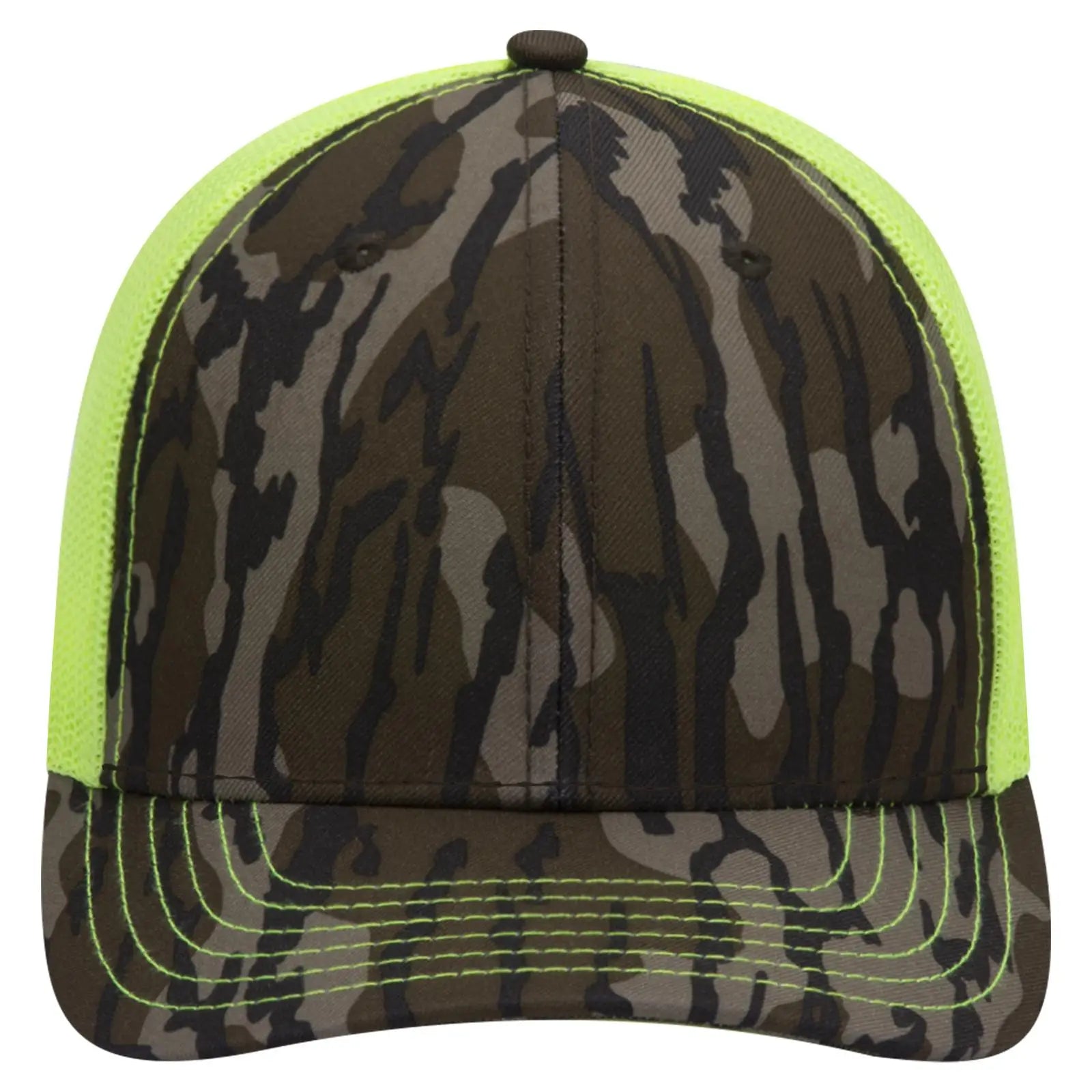 OTTO 171-1293 Mossy Oak Camouflage 6 Panel Low Profile Mesh Back Trucker Cap - Bottomland/N.Ylw - Bottomland/N.Ylw / 6