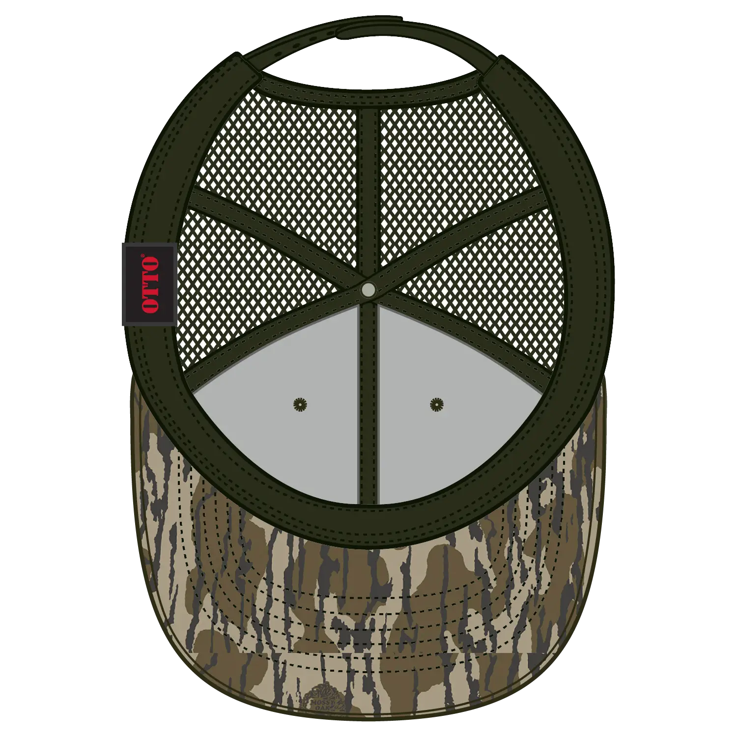 OTTO 171-1293 Mossy Oak Camouflage 6 Panel Low Profile Mesh Back Trucker Cap - Bottomland/Dk.Ol. Grn