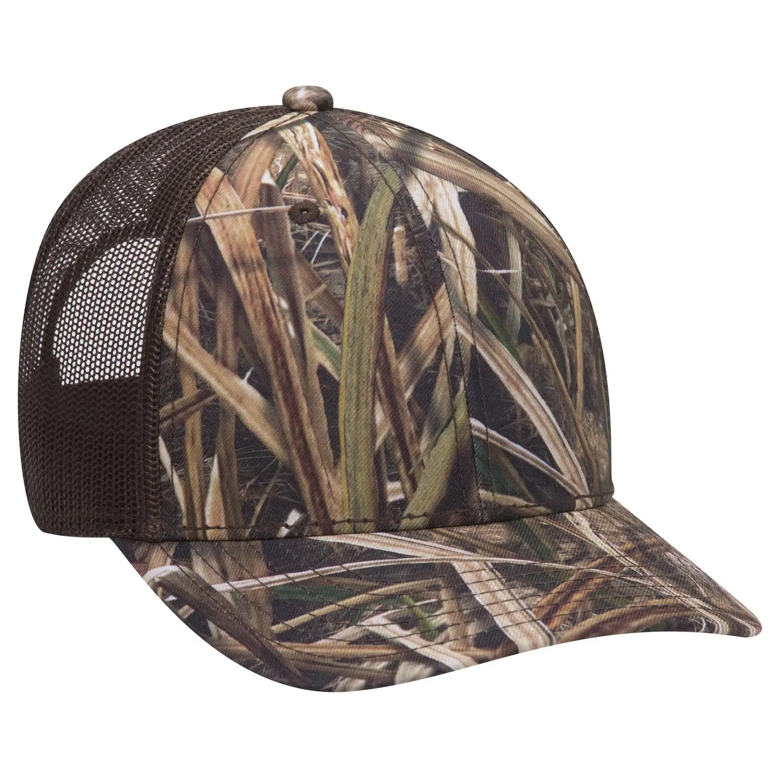 OTTO 171-1293 Mossy Oak Camouflage 6 Panel Low Profile Mesh Back Trucker Cap - Shadow Grass Blades/Dk. Brn - Shadow
