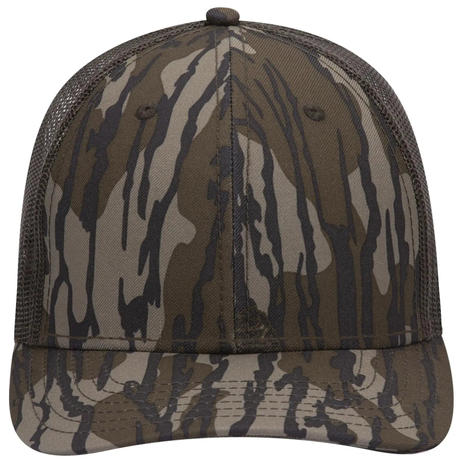 OTTO 171-1293 Mossy Oak Camouflage 6 Panel Low Profile Mesh Back Trucker Cap - Bottomland/Dk.Ol. Grn