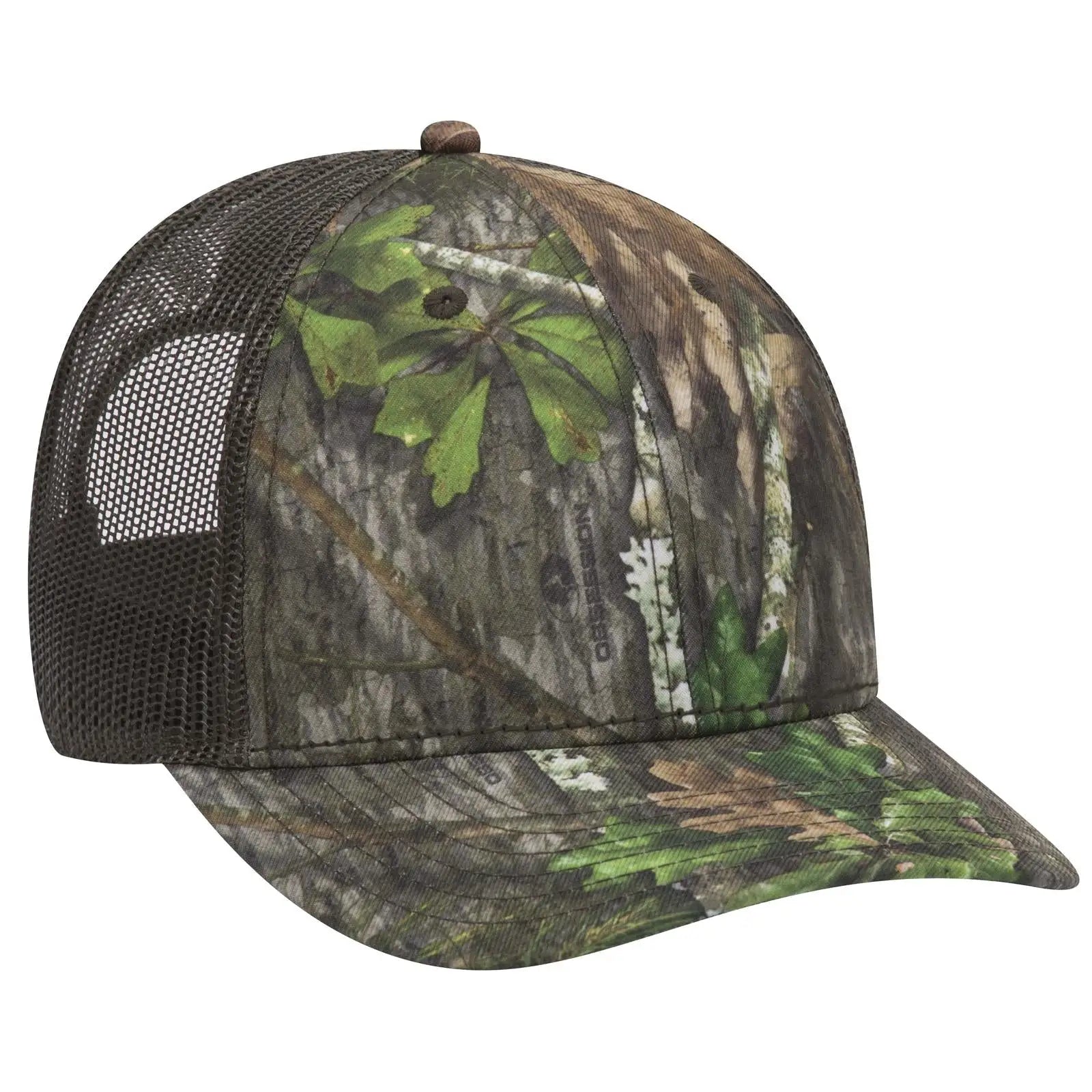 OTTO 171-1293 Mossy Oak Camouflage 6 Panel Low Profile Mesh Back Trucker Cap - Obsession/Dk.Ol.Grn