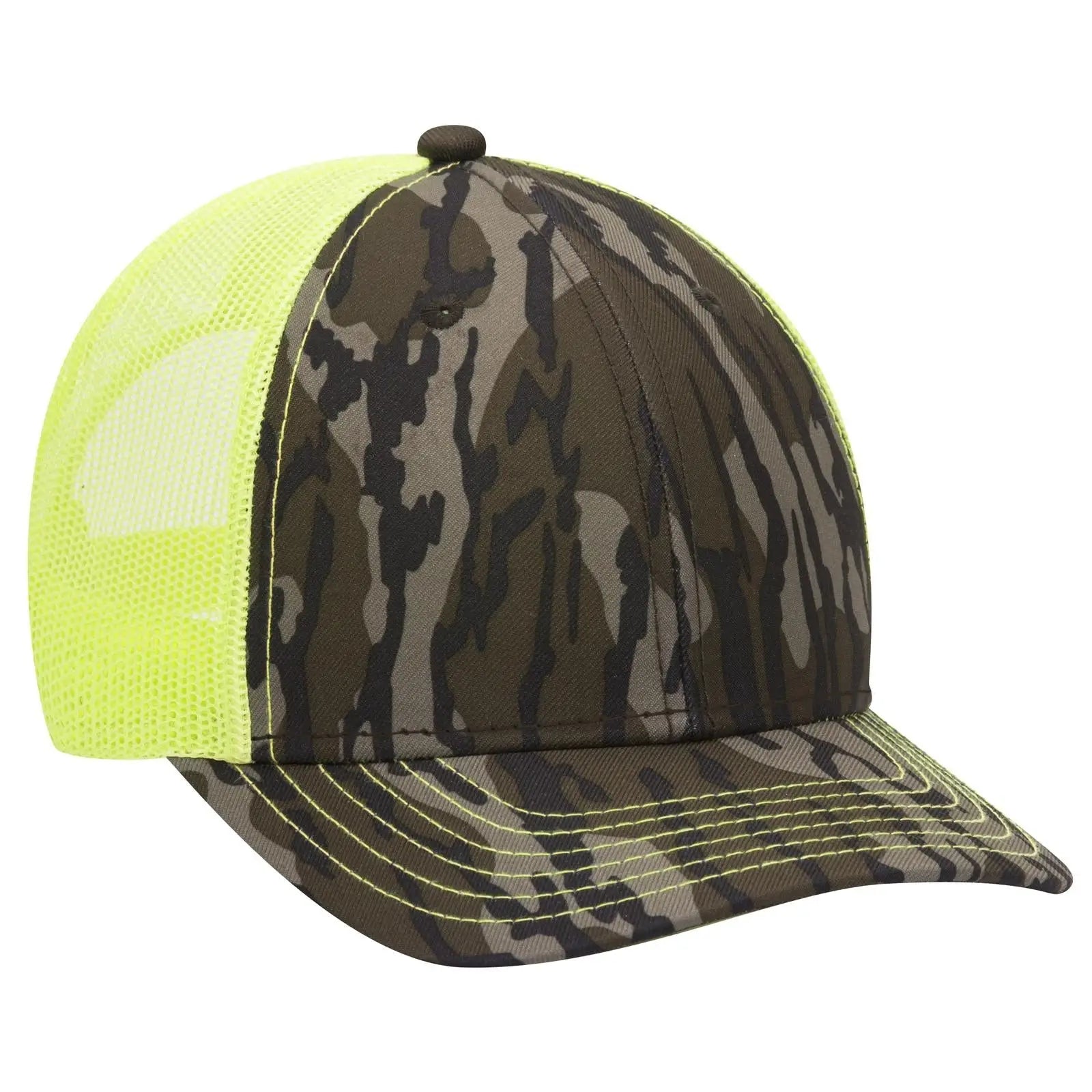 OTTO 171-1293 Mossy Oak Camouflage 6 Panel Low Profile Mesh Back Trucker Cap - Bottomland/N.Ylw - Bottomland/N.Ylw / 6