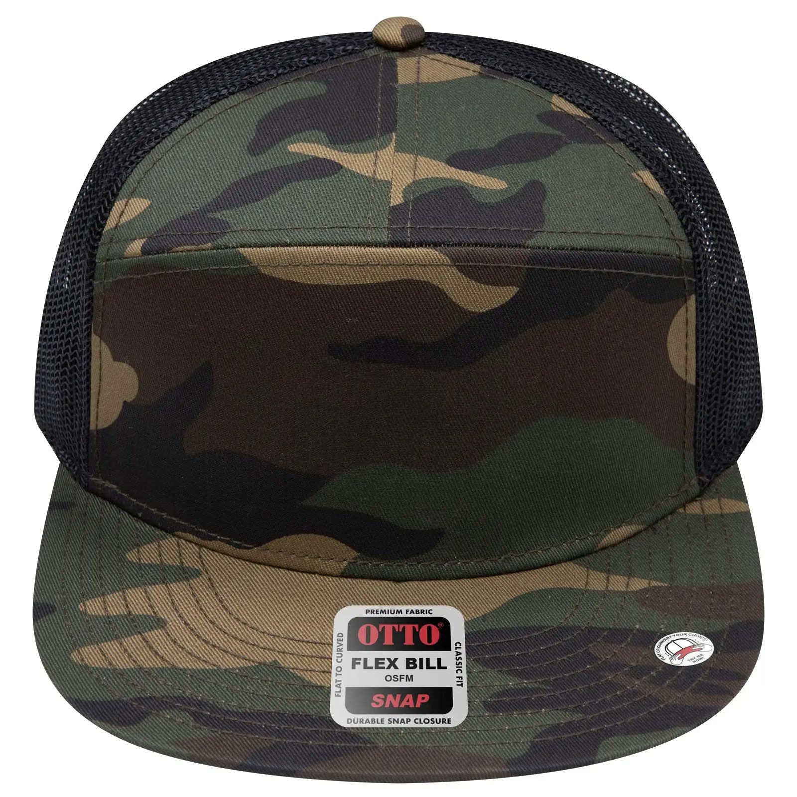 OTTO 172-1298 ’OTTO Snap’ 7 Panel Pro Style Mesh Back Trucker Snapback Cap - Dk.Grn/Brn/Blk - Dk.Grn/Brn/Blk / 7 3/8’’