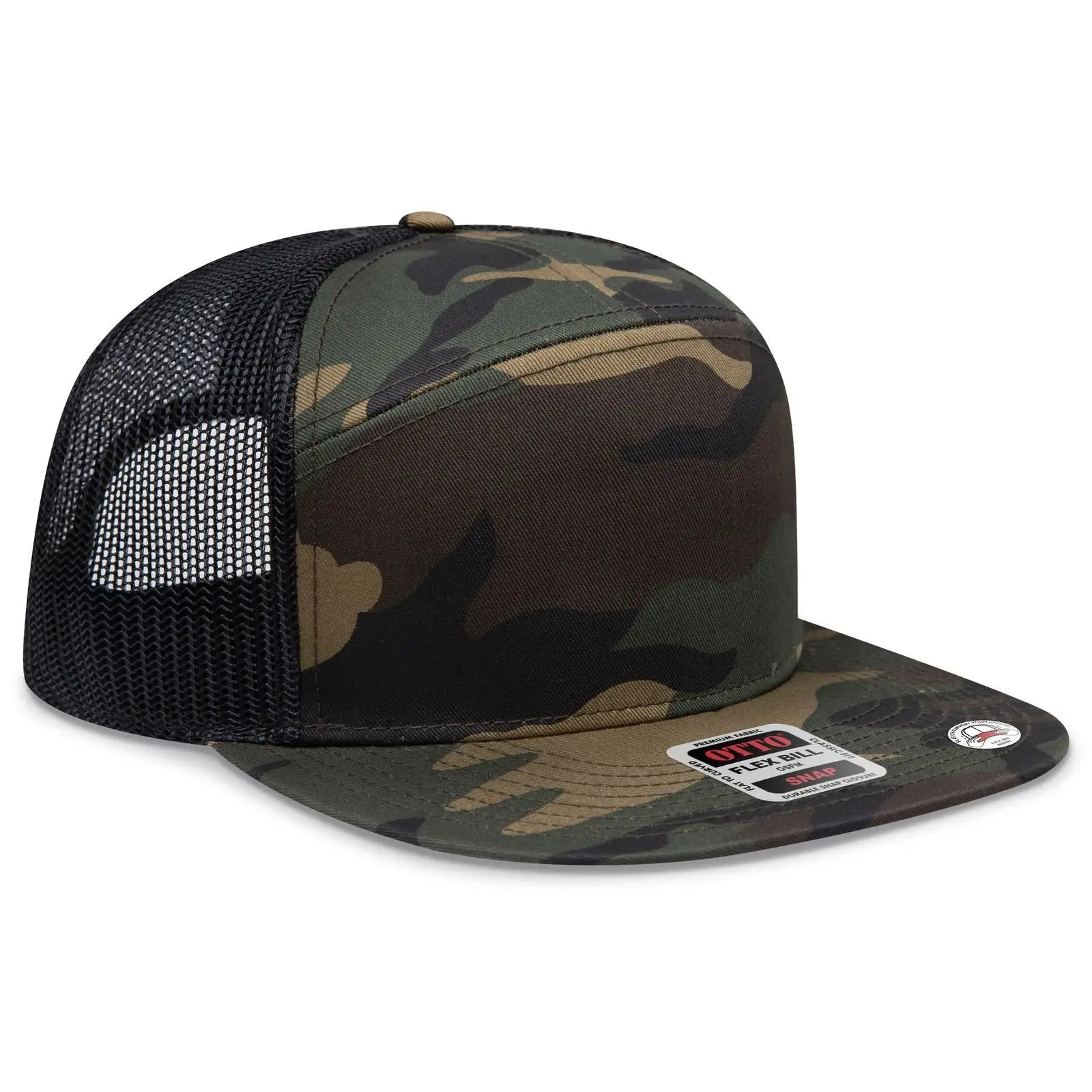 OTTO 172-1298 ’OTTO Snap’ 7 Panel Pro Style Mesh Back Trucker Snapback Cap - Dk.Grn/Brn/Blk - Dk.Grn/Brn/Blk / 7 3/8’’