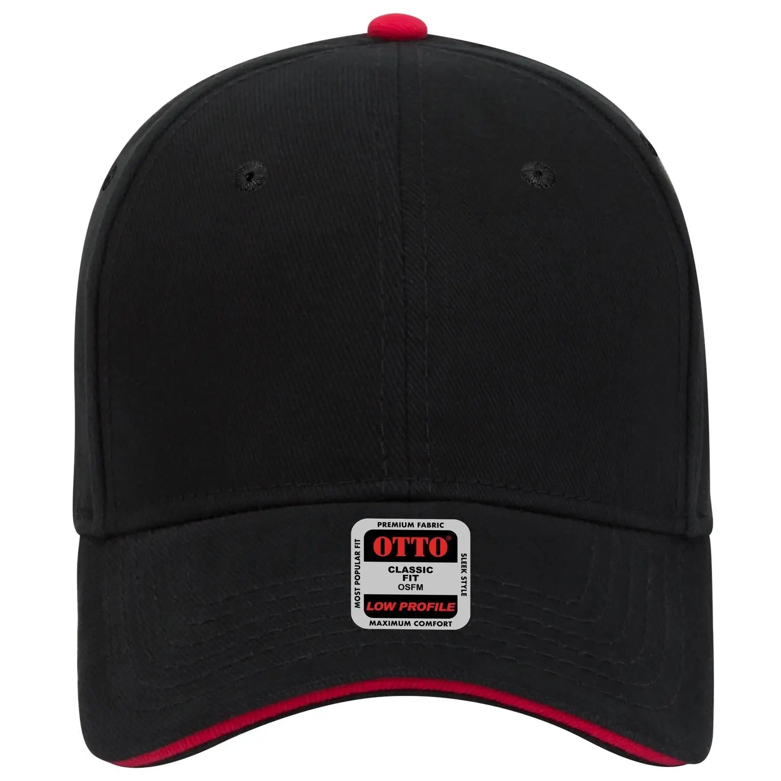 OTTO 23-255 6 Panel Low Profile Baseball Cap - Blk/Blk/Red - Blk/Blk/Red / 6 1/2’’ - 7 5/8’’