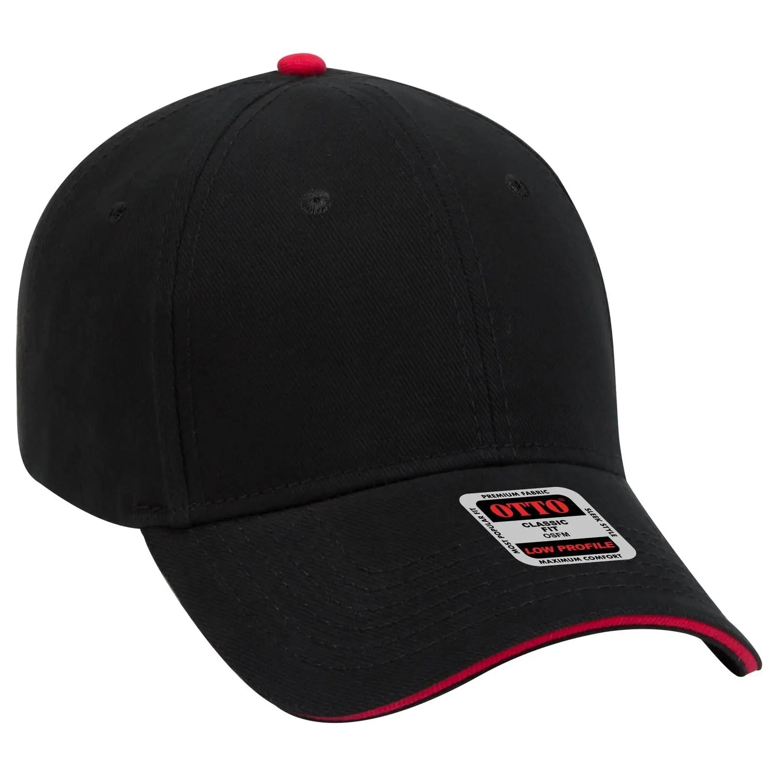 OTTO 23-255 6 Panel Low Profile Baseball Cap - Blk/Blk/Red - Blk/Blk/Red / 6 1/2’’ - 7 5/8’’