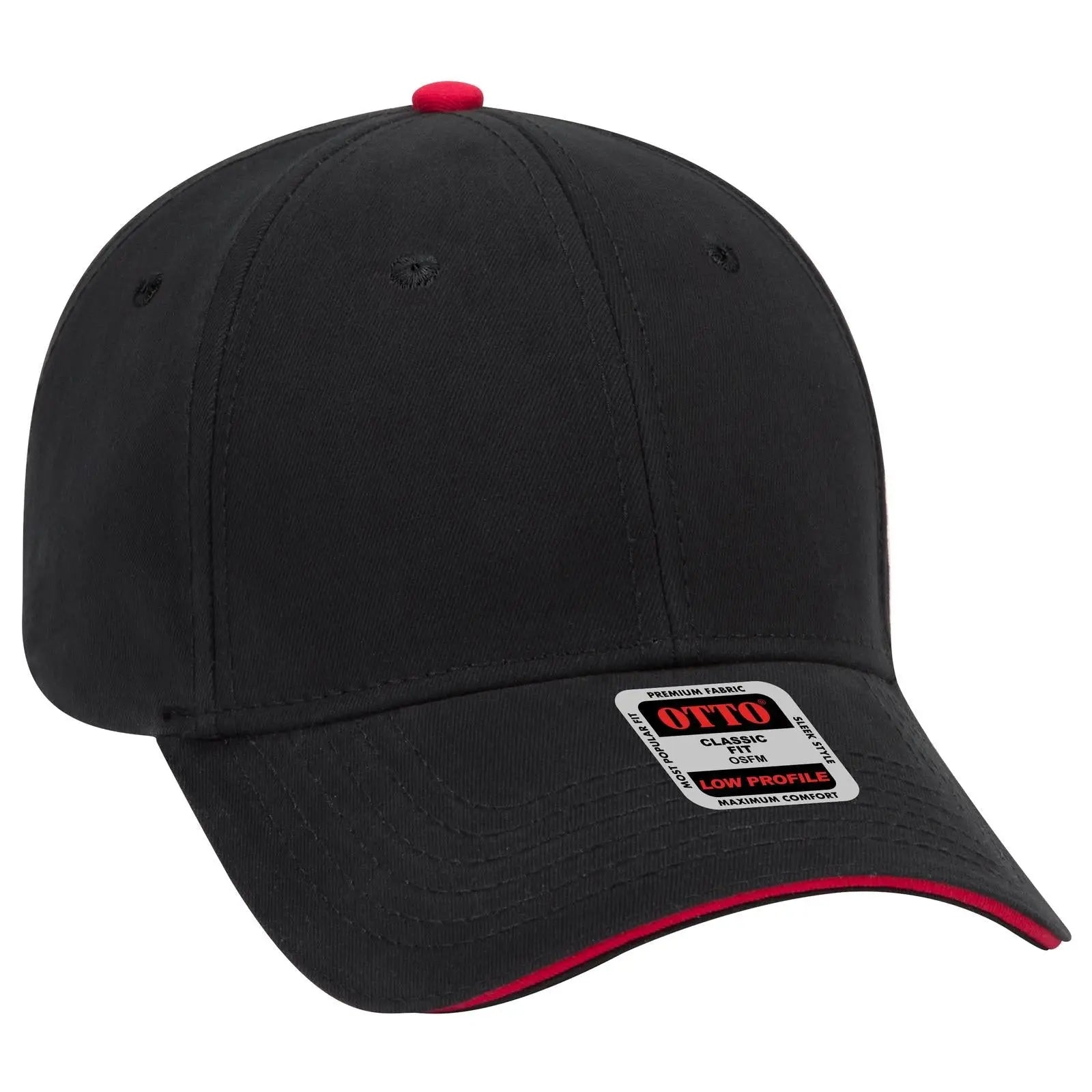 OTTO 23-370 6 Panel Low Profile Baseball Cap - Blk/Blk/Red - Blk/Blk/Red / 6 1/2’’ - 7 5/8’’