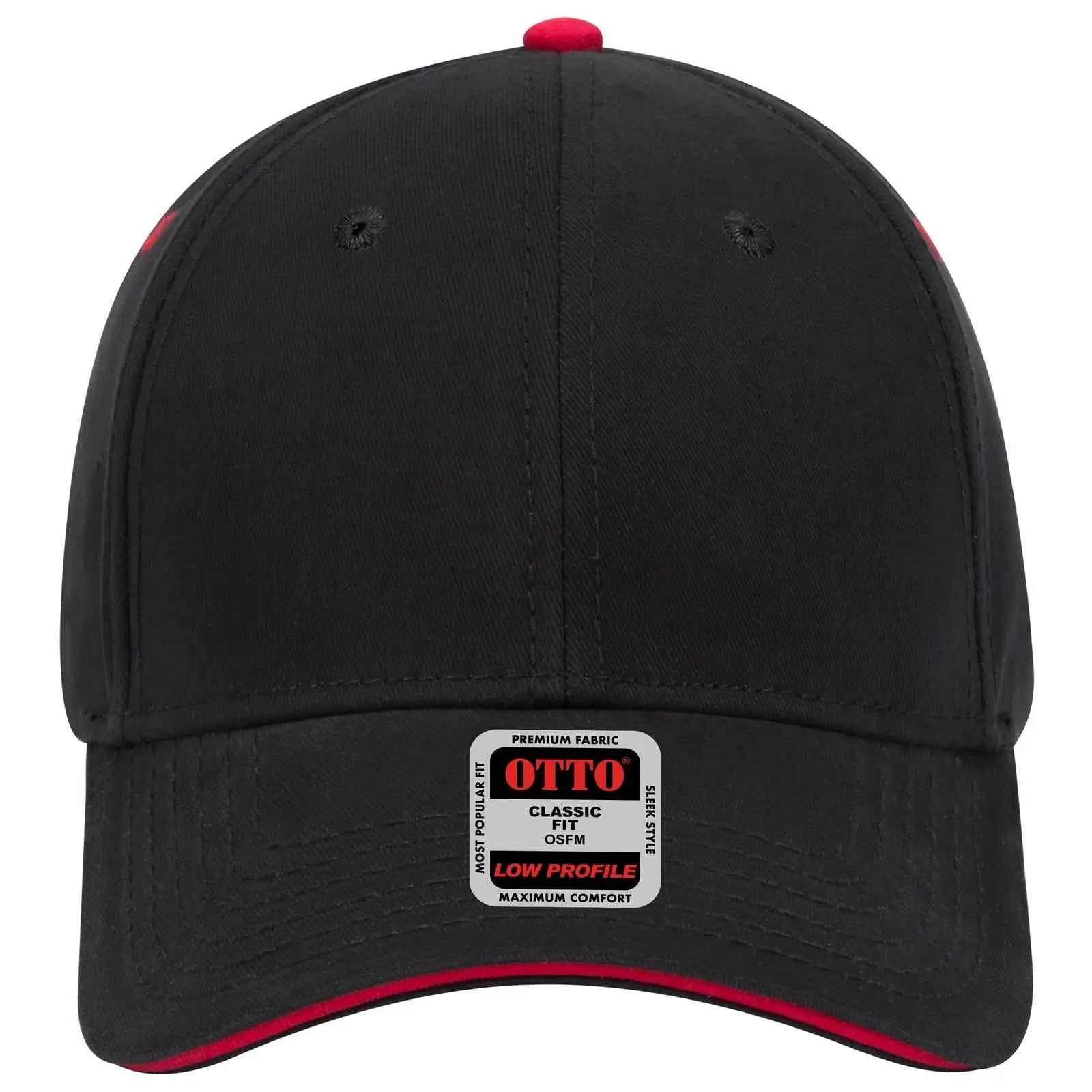 OTTO 23-370 6 Panel Low Profile Baseball Cap - Blk/Blk/Red - Blk/Blk/Red / 6 1/2’’ - 7 5/8’’