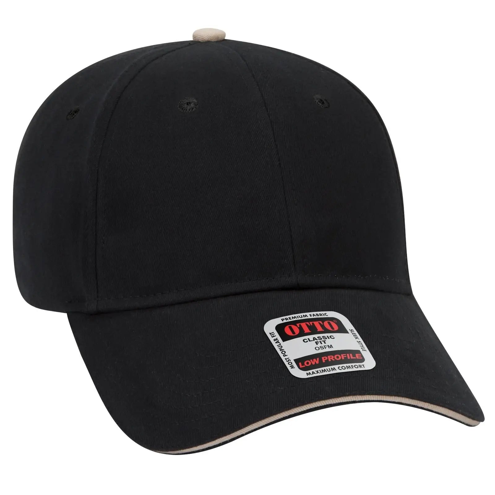 OTTO 23-430 6 Panel Low Profile Baseball Cap - Blk/Blk/Kha - Blk/Blk/Kha / 6 1/2’’ - 7 5/8’’