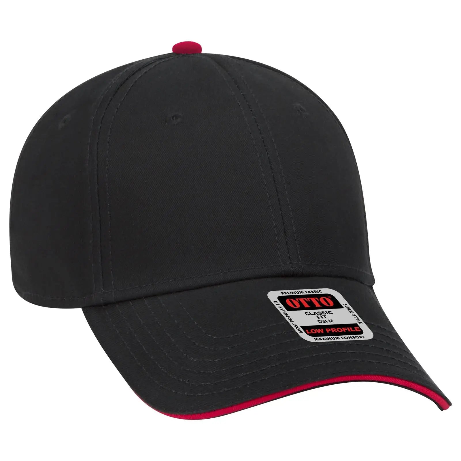 OTTO 23-766 6 Panel Low Profile Baseball Cap - Blk/Blk/Red - Blk/Blk/Red / 6 1/2’’ - 7 5/8’’