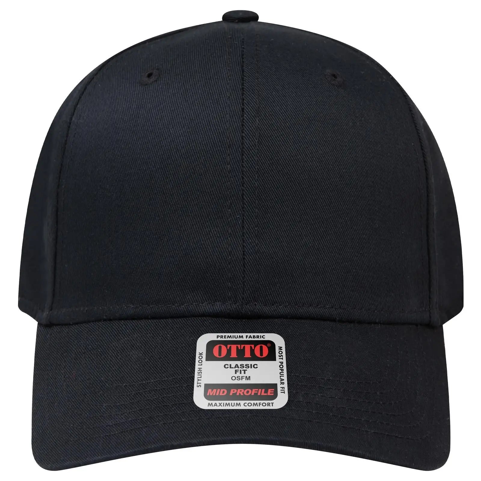 OTTO 27-079 6 Panel Mid Profile Baseball Cap - Black - Black / 6 1/2’’ - 7 5/8’’