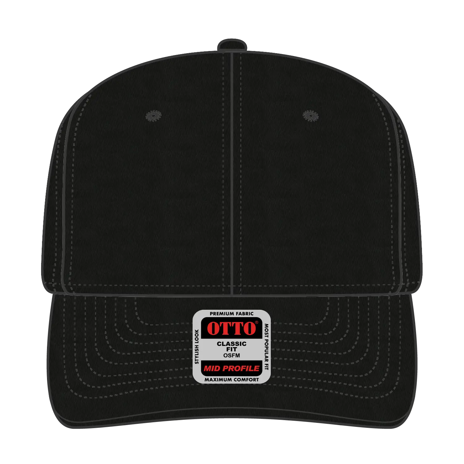 OTTO 27-079 6 Panel Mid Profile Baseball Cap - Black - Black / 6 1/2’’ - 7 5/8’’