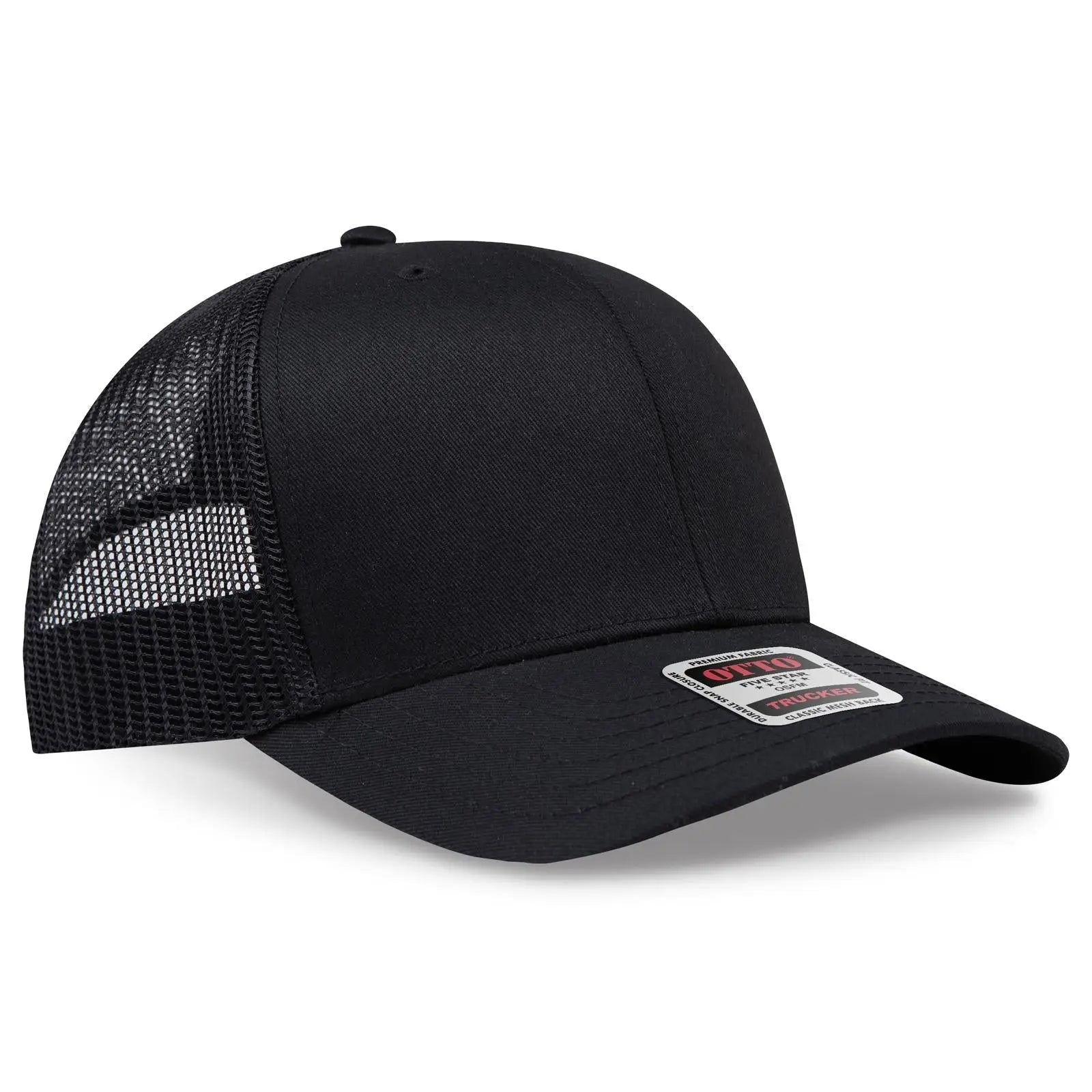 OTTO 30-287 6 Panel Mid Profile Mesh Back Trucker Cap - Black - Black / 6 1/2’’ - 7 5/8’’