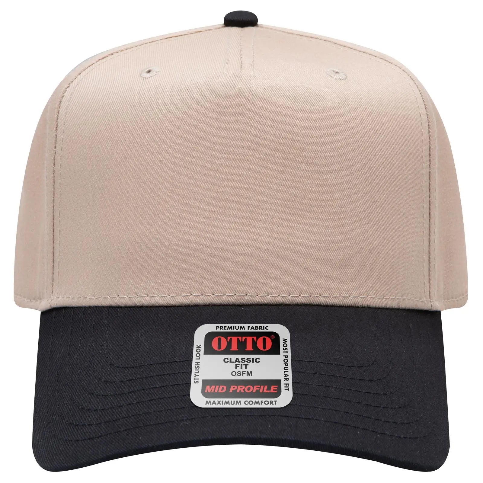 OTTO 31-069 5 Panel Mid Profile Baseball Cap - Blk/Kha - Blk/Kha / 6 1/2’’ - 7 5/8’’