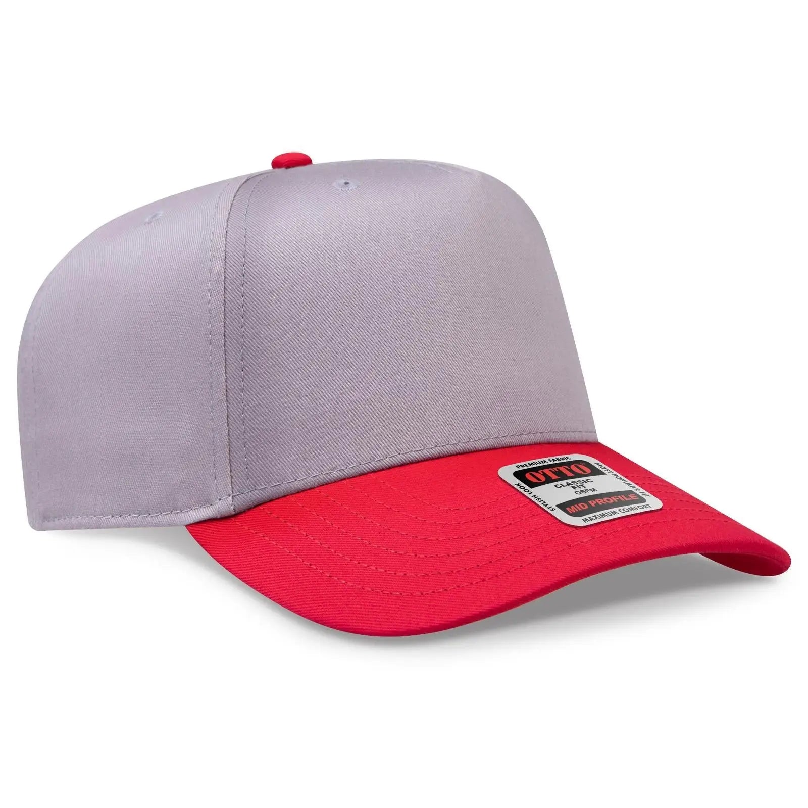 OTTO 31-069 5 Panel Mid Profile Baseball Cap - Red/Gry - Red/Gry / 6 1/2’’ - 7 5/8’’