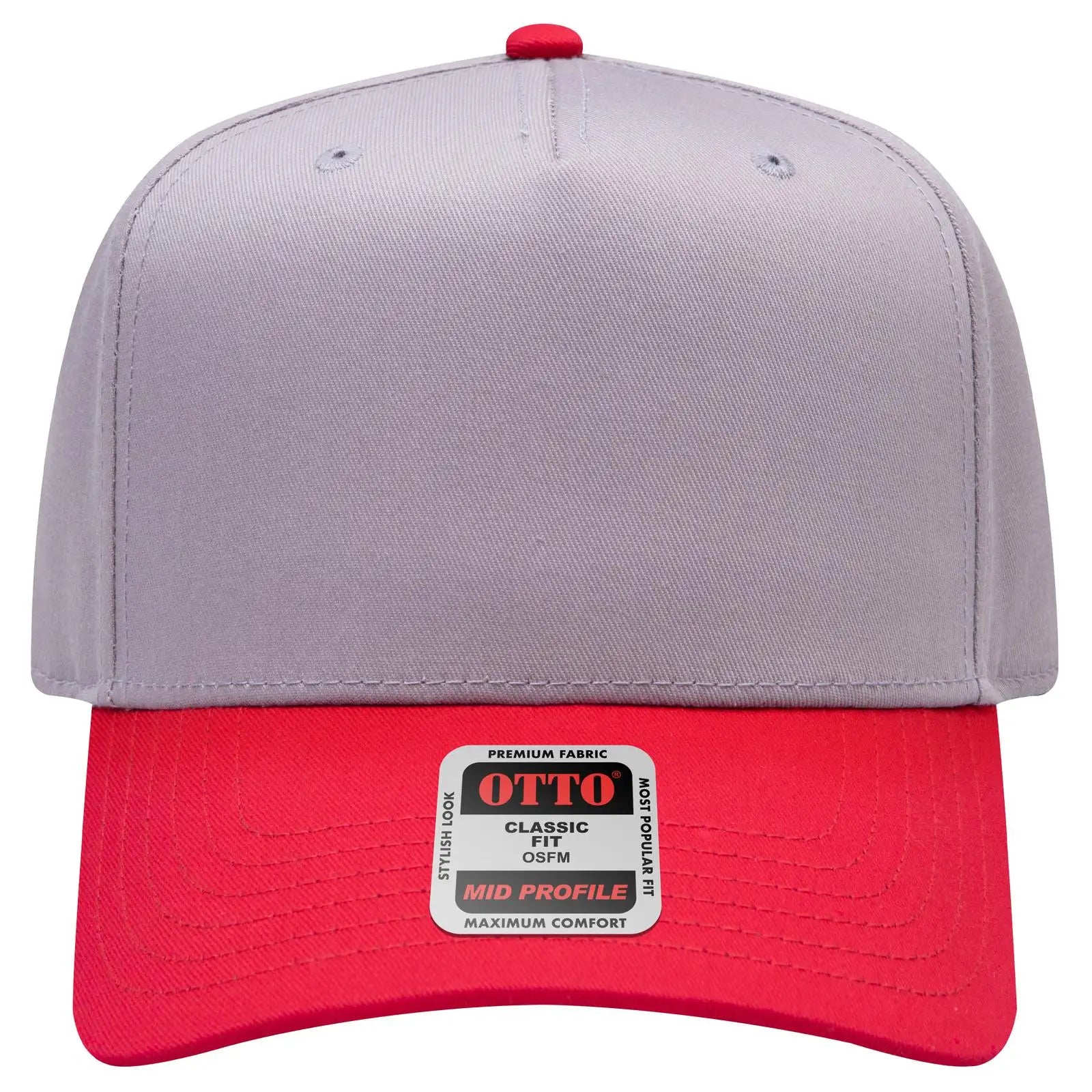 OTTO 31-069 5 Panel Mid Profile Baseball Cap - Red/Gry - Red/Gry / 6 1/2’’ - 7 5/8’’