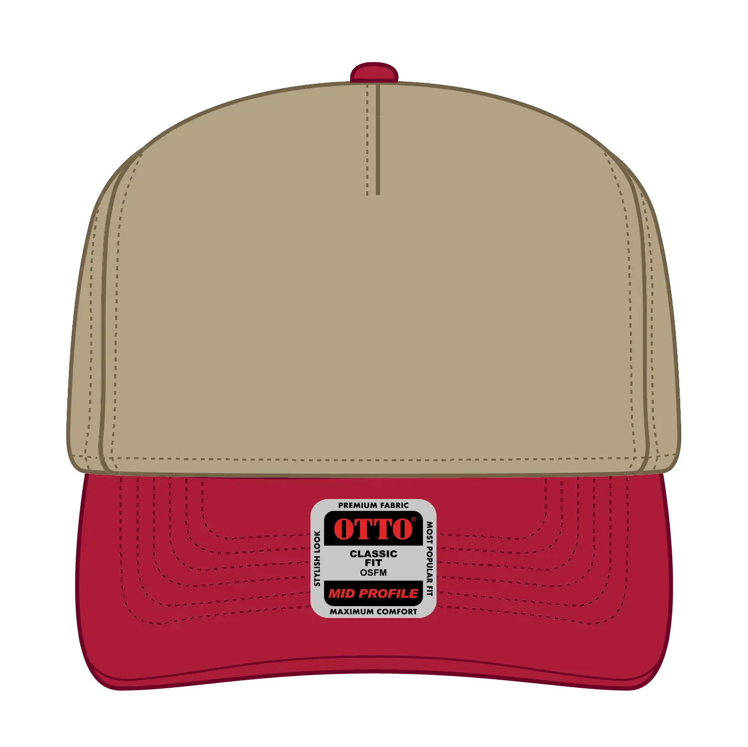 OTTO 31-069 5 Panel Mid Profile Baseball Cap - Red/Kha - Red/Kha / 6 1/2’’ - 7 5/8’’