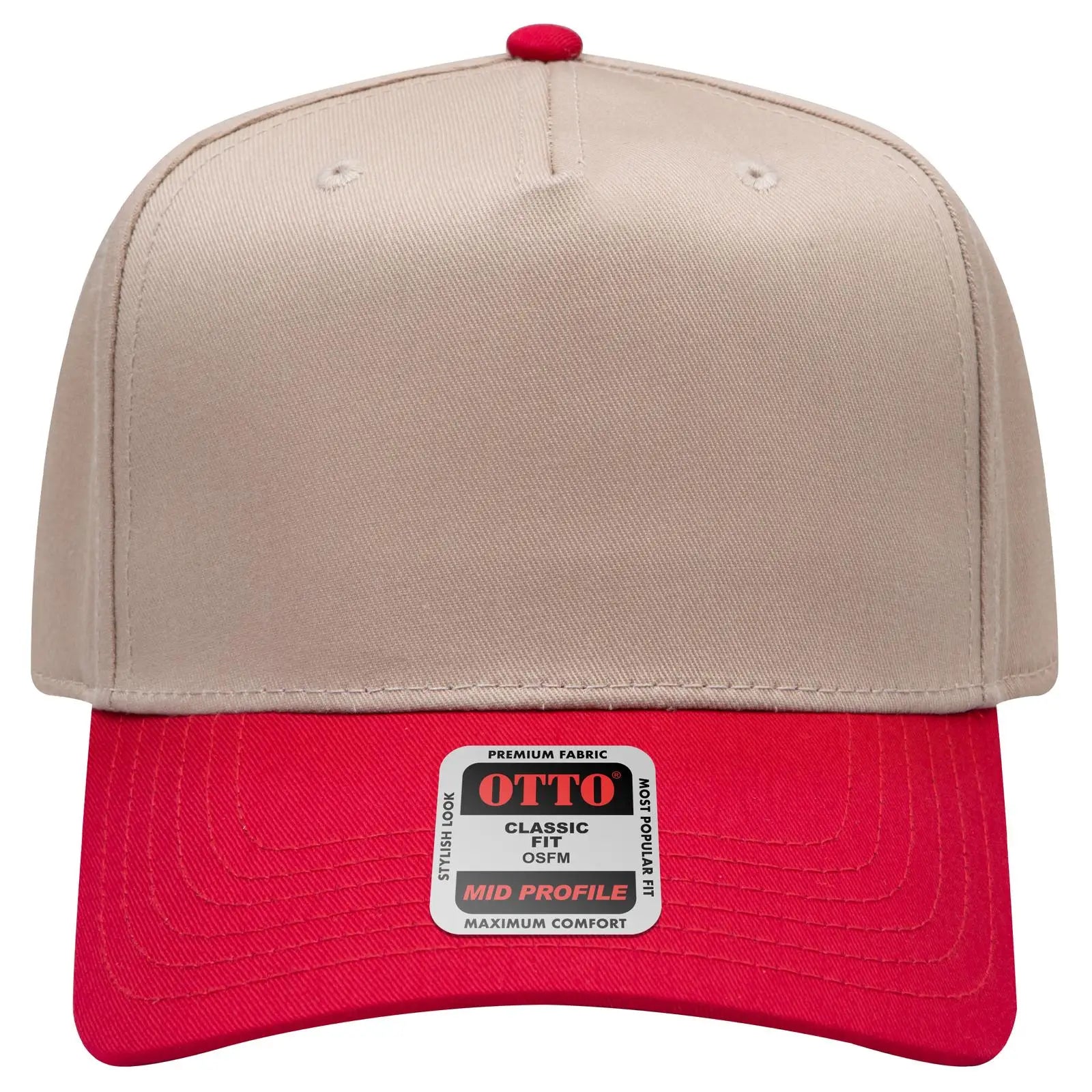 OTTO 31-069 5 Panel Mid Profile Baseball Cap - Red/Kha - Red/Kha / 6 1/2’’ - 7 5/8’’