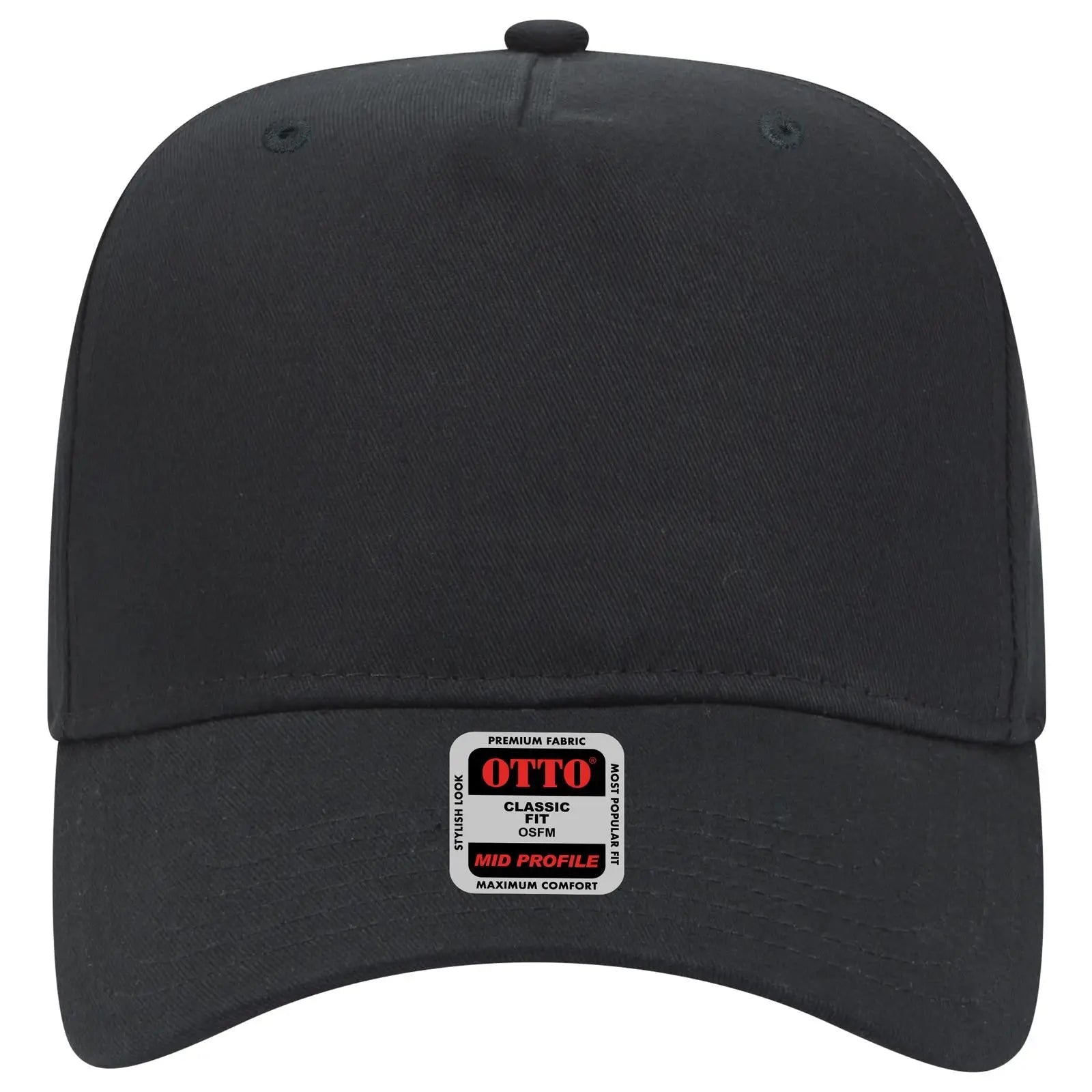 OTTO 31-538 5 Panel Mid Profile Baseball Cap - Black - Black / 6 1/2’’ - 7 5/8’’