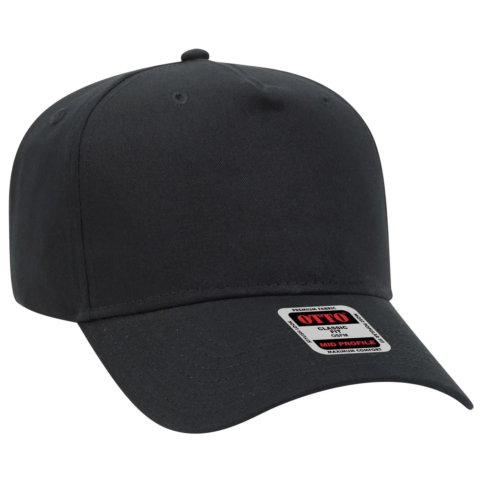 OTTO 31-538 5 Panel Mid Profile Baseball Cap - Black - Black / 6 1/2’’ - 7 5/8’’