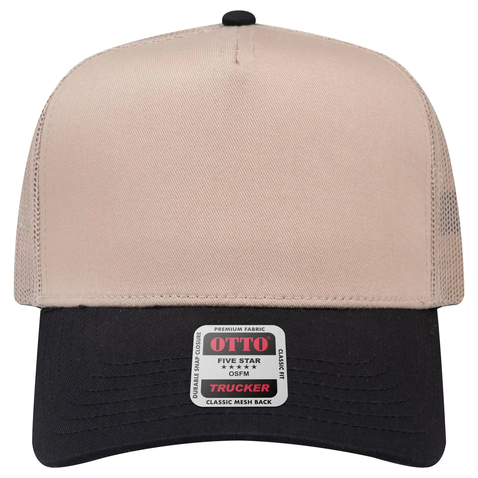 OTTO 32-285 5 Panel Mid Profile Mesh Back Trucker Cap - Blk/Kha - Blk/Kha / 6 1/2’’ - 7 5/8’’