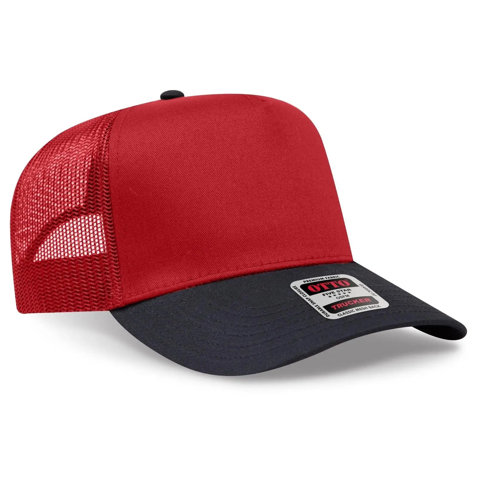 OTTO 32-285 5 Panel Mid Profile Mesh Back Trucker Cap - Blk/Red - Blk/Red / 6 1/2’’ - 7 5/8’’