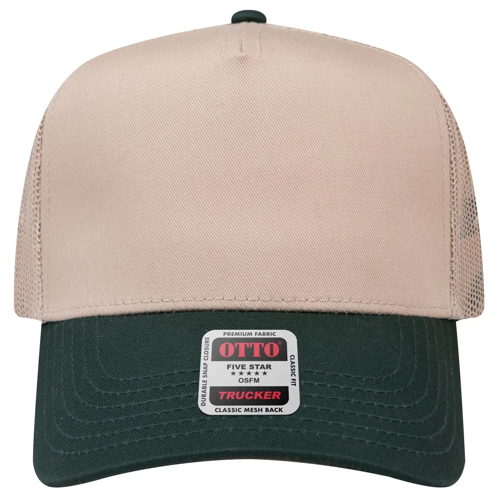 OTTO 32-285 5 Panel Mid Profile Mesh Back Trucker Cap - Dk.Grn/Kha - Dk.Grn/Kha / 6 1/2’’ - 7 5/8’’