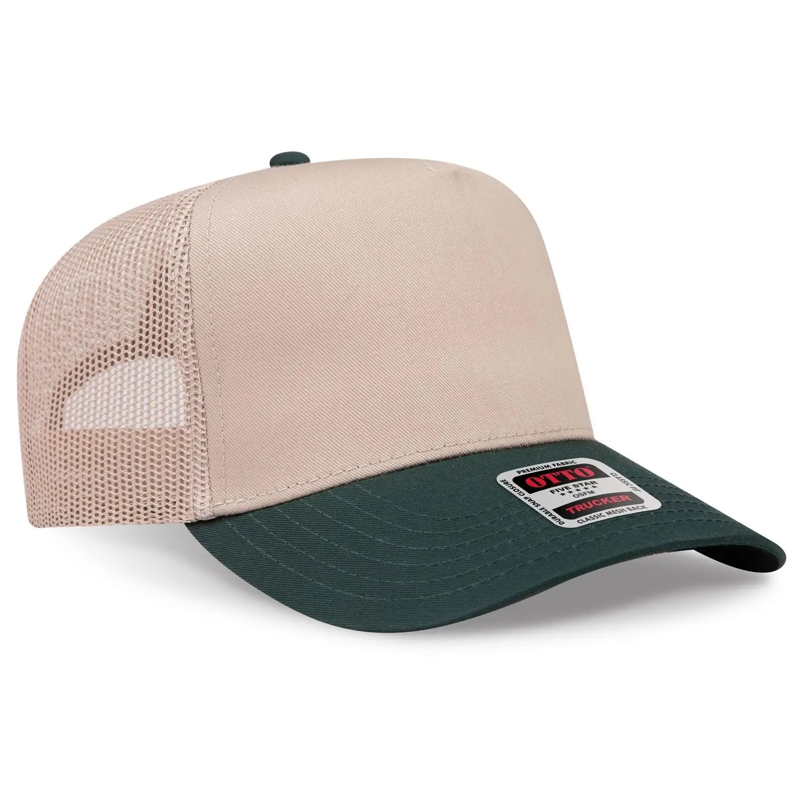 OTTO 32-285 5 Panel Mid Profile Mesh Back Trucker Cap - Dk.Grn/Kha - Dk.Grn/Kha / 6 1/2’’ - 7 5/8’’