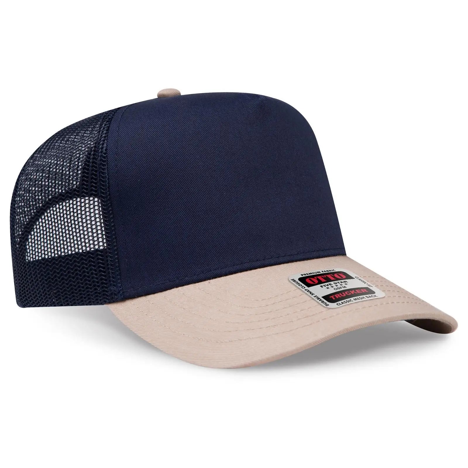 OTTO 32-285 5 Panel Mid Profile Mesh Back Trucker Cap - Kha/Nvy - Kha/Nvy / 6 1/2’’ - 7 5/8’’