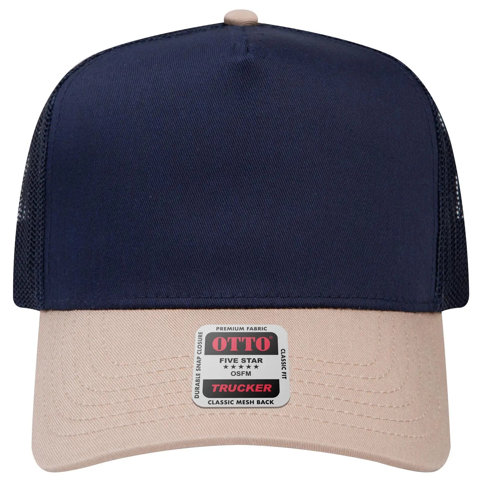 OTTO 32-285 5 Panel Mid Profile Mesh Back Trucker Cap - Kha/Nvy - Kha/Nvy / 6 1/2’’ - 7 5/8’’