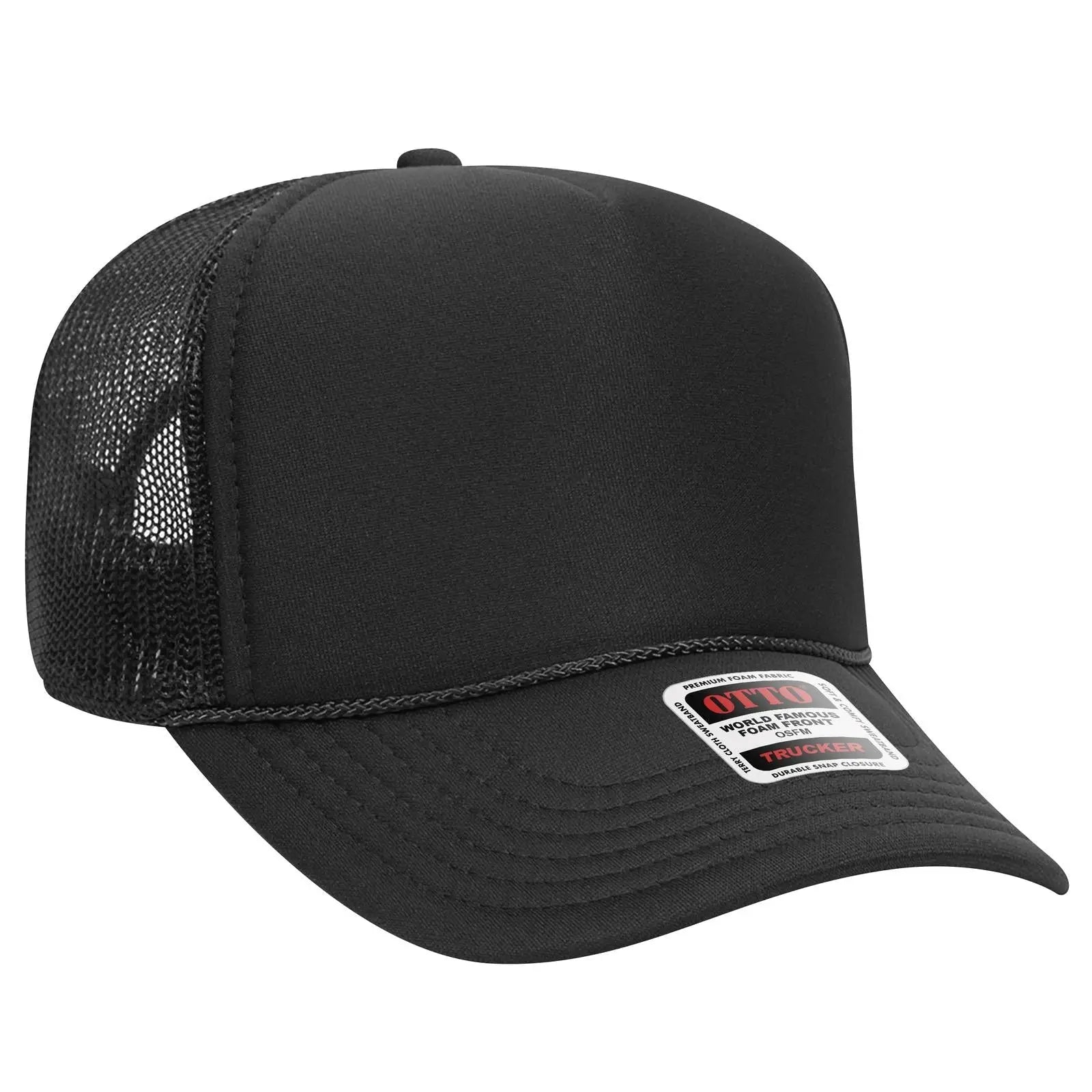 OTTO 32-467 5 Panel Mid Profile Mesh Back Trucker Cap - Black - Black / 6 1/2’’ - 7 5/8’’