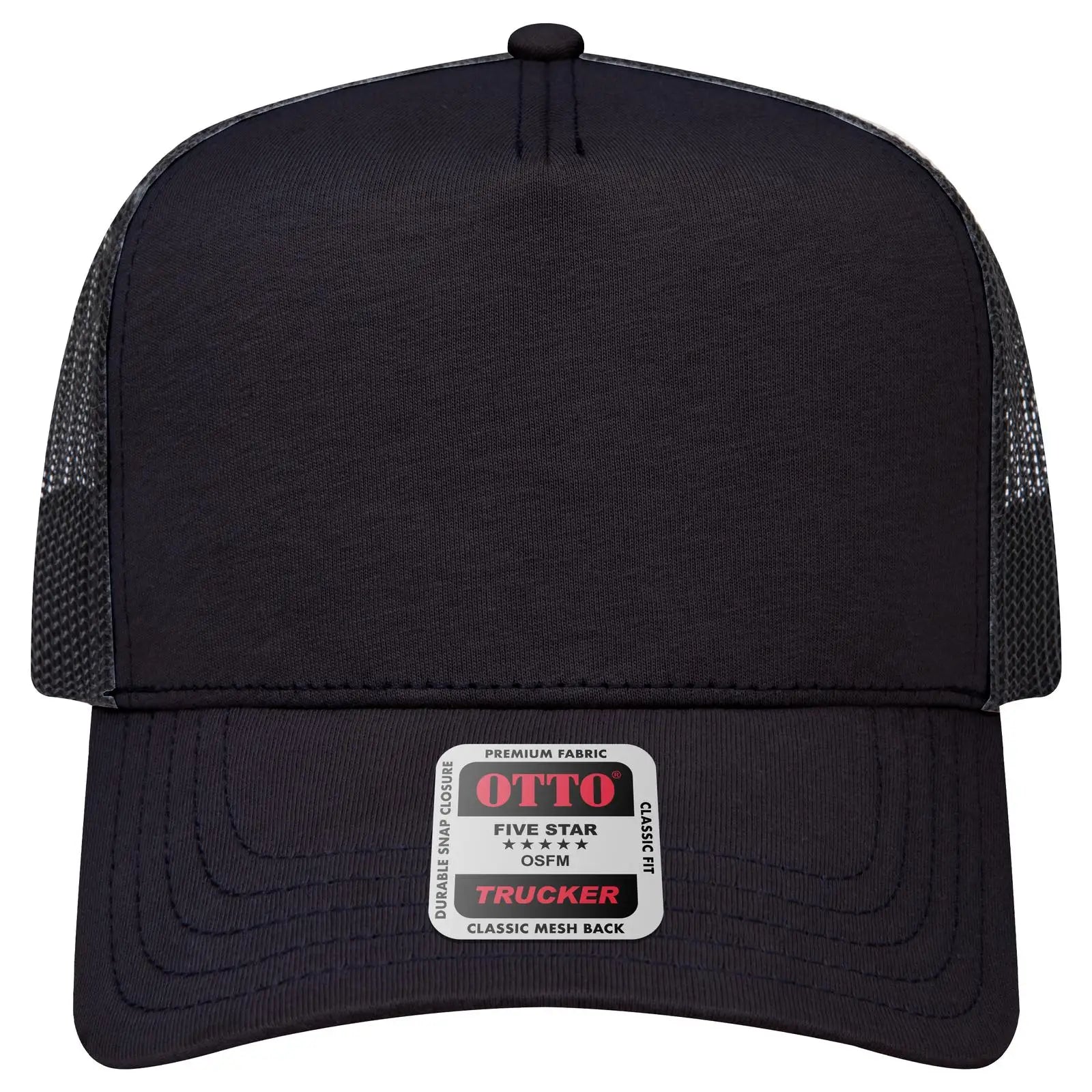 OTTO 32-934 5 Panel Mid Profile Mesh Back Trucker Cap - Black - Black / 6 1/2’’ - 7 5/8’’