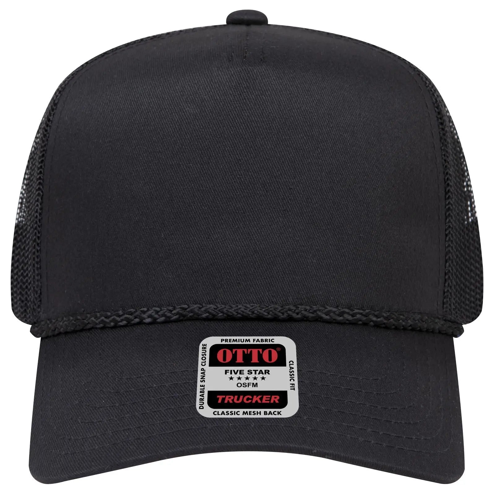 OTTO 39-071 5 Panel Mid Profile Mesh Back Trucker Cap - Black - Black / 6 1/2’’ - 7 5/8’’