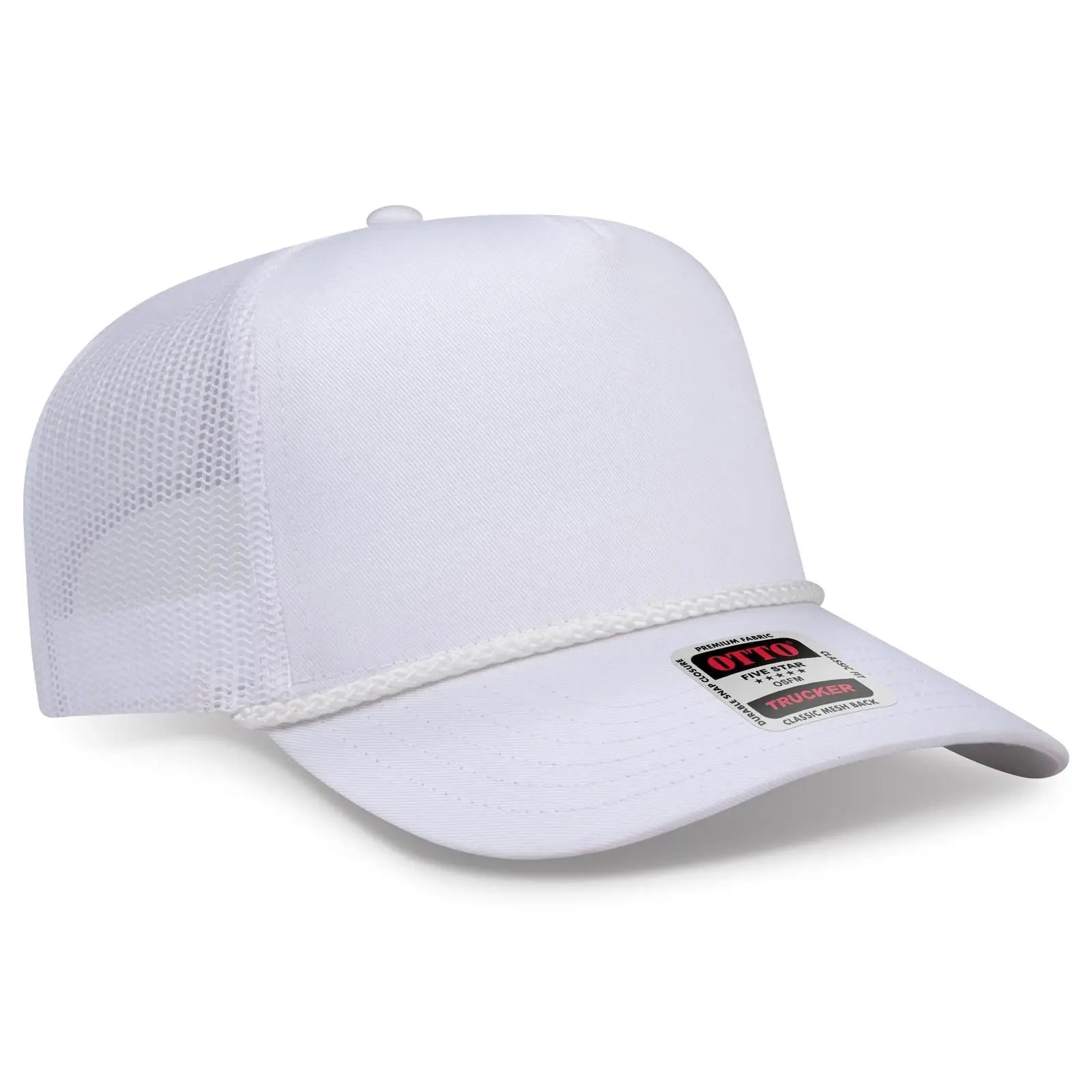OTTO 39-071 5 Panel Mid Profile Mesh Back Trucker Cap - White - White / 6 1/2’’ - 7 5/8’’