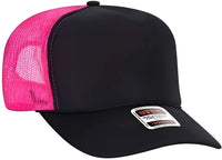 OTTO 39-165 5 Panel Foam High Crown Mesh Back Trucker Snapback Cap - Black Black Neon Pink - Black Pink / One Size Fits