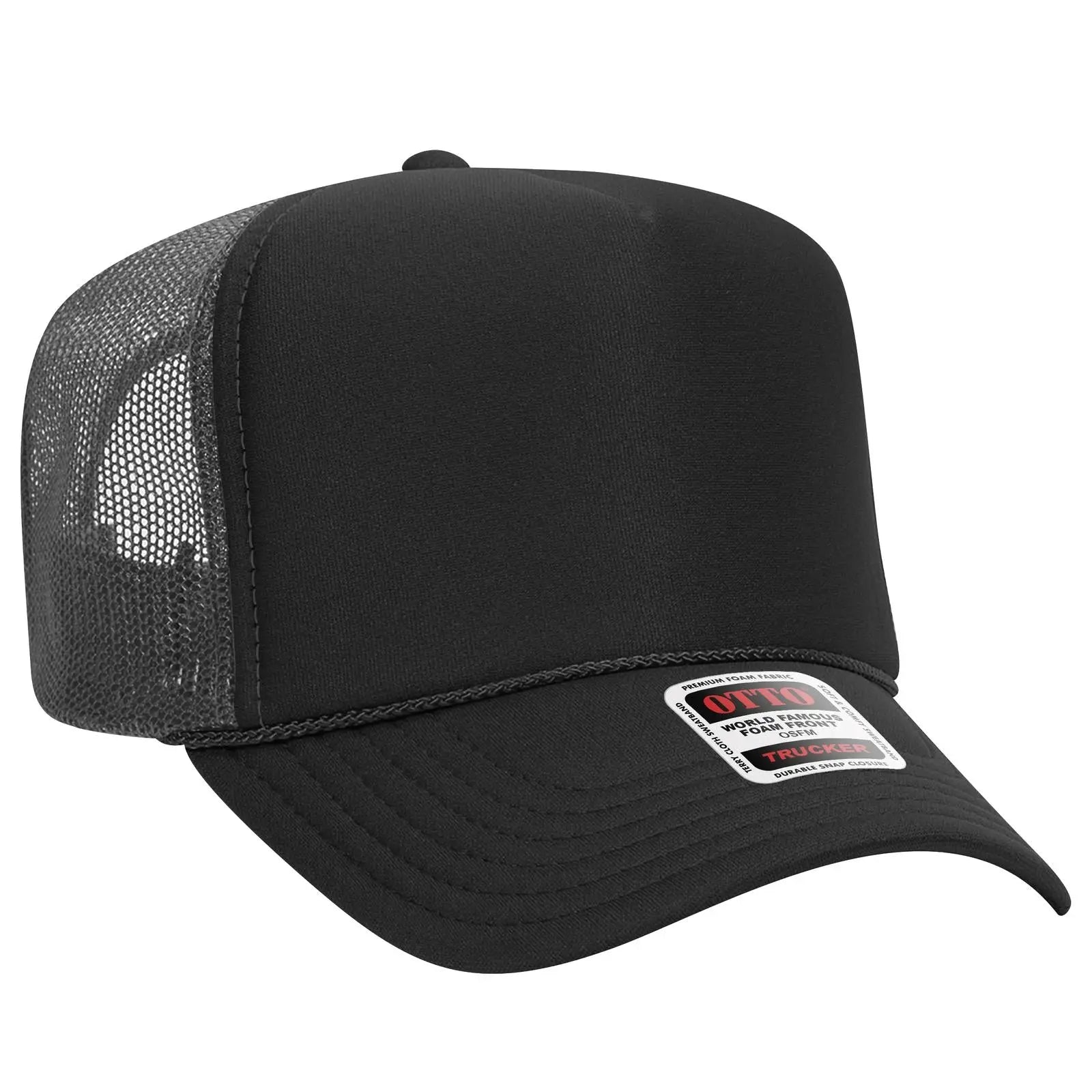 OTTO 39-165 5 Panel High Crown Mesh Back Trucker Cap - Blk/Blk/Ch.Gry - Blk/Blk/Ch.Gry / 6 1/2’’ - 7 5/8’’