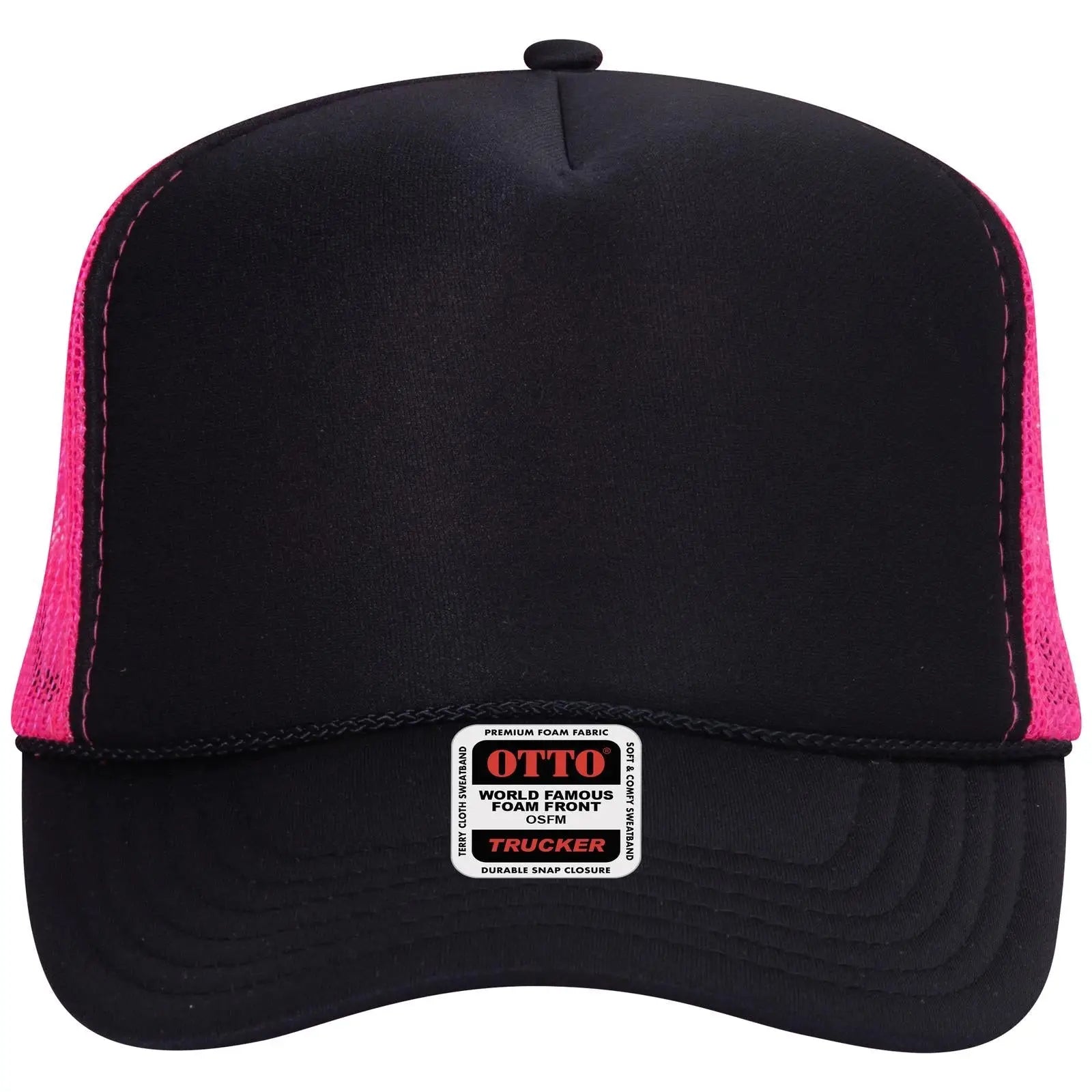 OTTO 39-165 5 Panel High Crown Mesh Back Trucker Cap - Blk/Blk/N.Pnk - Blk/Blk/N.Pnk / 6 1/2’’ - 7 5/8’’