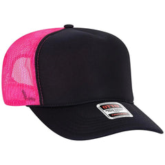 OTTO 39-165 5 Panel High Crown Mesh Back Trucker Cap - Blk/Blk/N.Pnk - Blk/Blk/N.Pnk / 6 1/2’’ - 7 5/8’’
