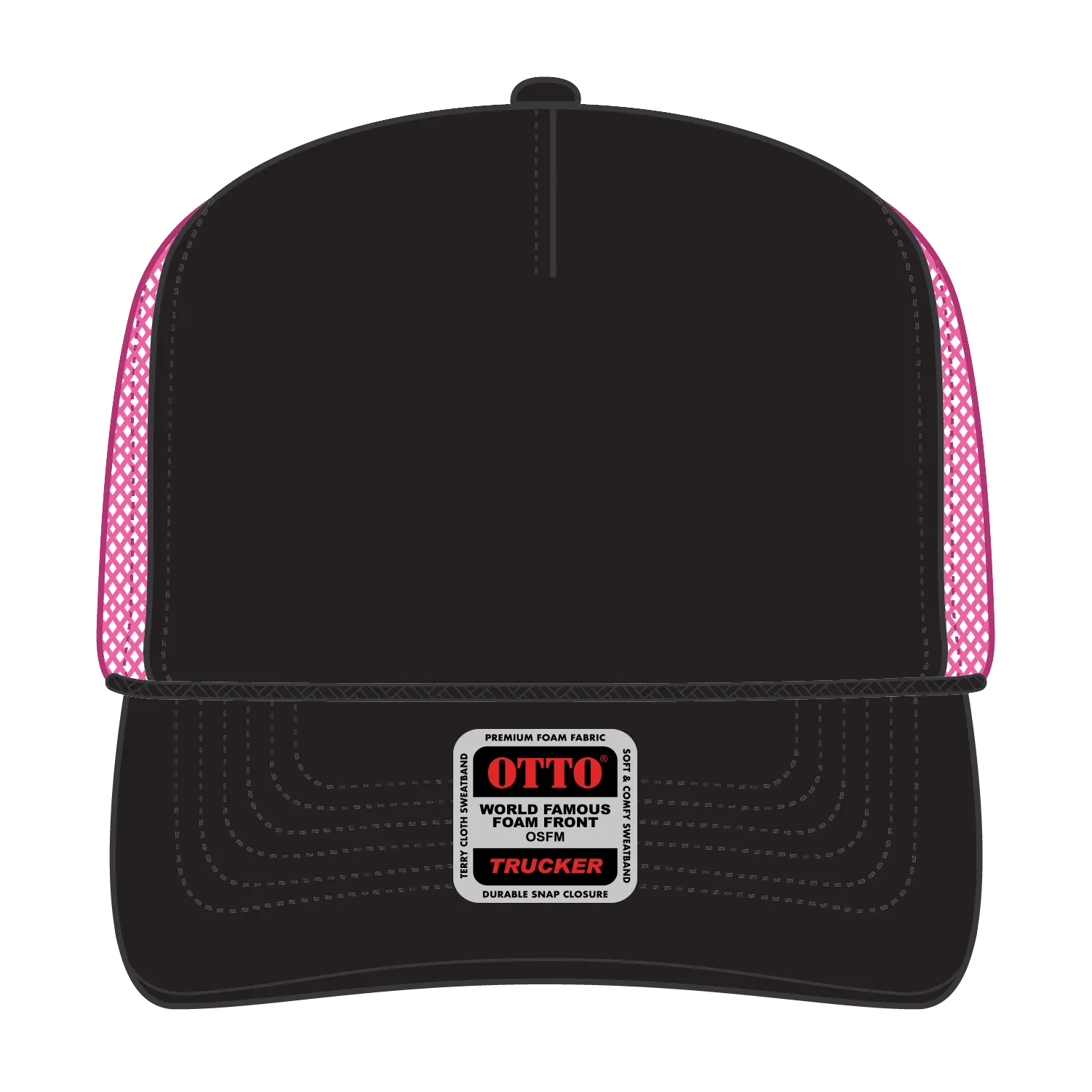 OTTO 39-165 5 Panel High Crown Mesh Back Trucker Cap - Blk/Blk/N.Pnk - Blk/Blk/N.Pnk / 6 1/2’’ - 7 5/8’’