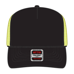 OTTO 39-165 5 Panel High Crown Mesh Back Trucker Cap - Blk/Blk/N.Ylw - Blk/Blk/N.Ylw / 6 1/2’’ - 7 5/8’’
