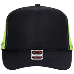 OTTO 39-165 5 Panel High Crown Mesh Back Trucker Cap - Blk/Blk/N.Ylw - Blk/Blk/N.Ylw / 6 1/2’’ - 7 5/8’’