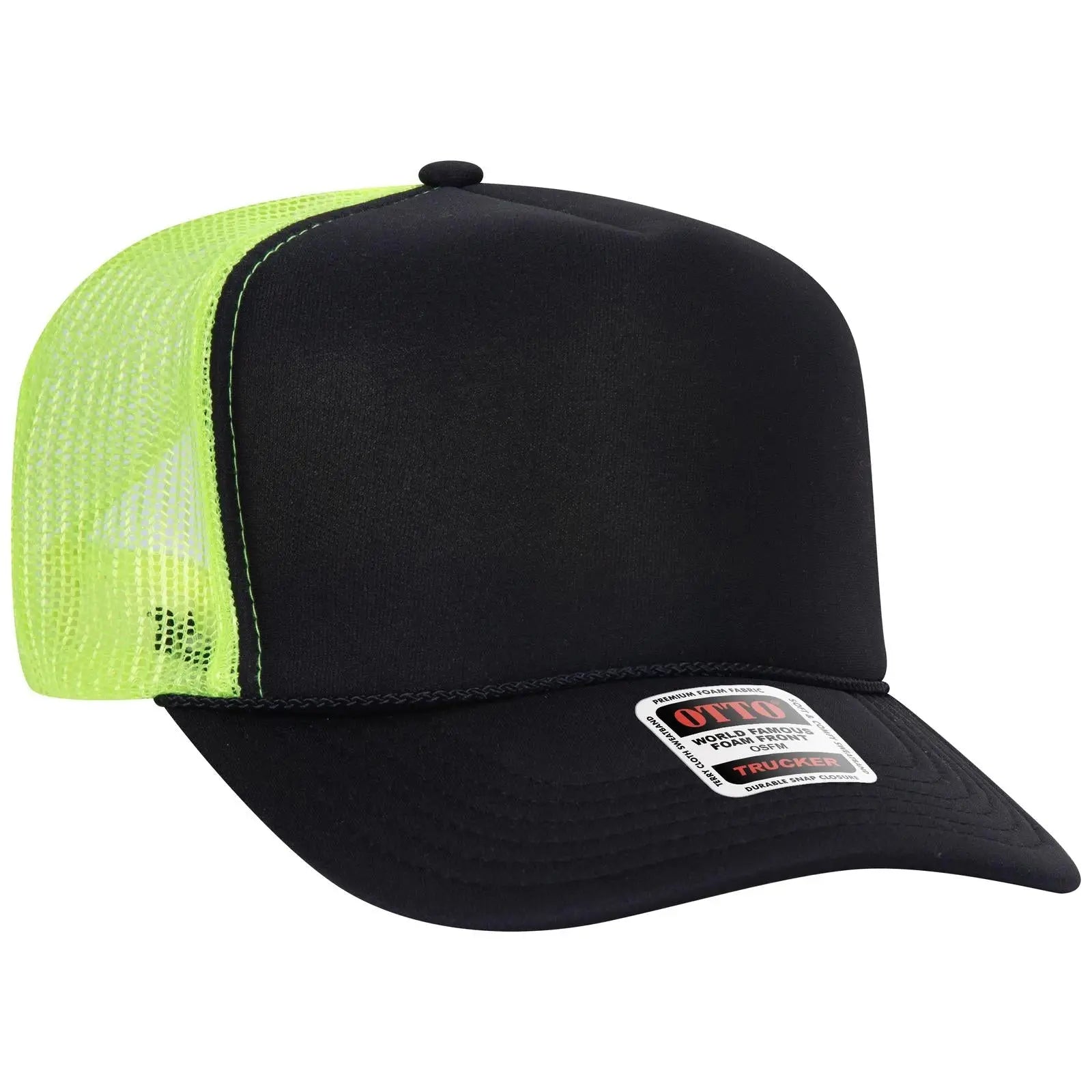 OTTO 39-165 5 Panel High Crown Mesh Back Trucker Cap - Blk/Blk/N.Ylw - Blk/Blk/N.Ylw / 6 1/2’’ - 7 5/8’’