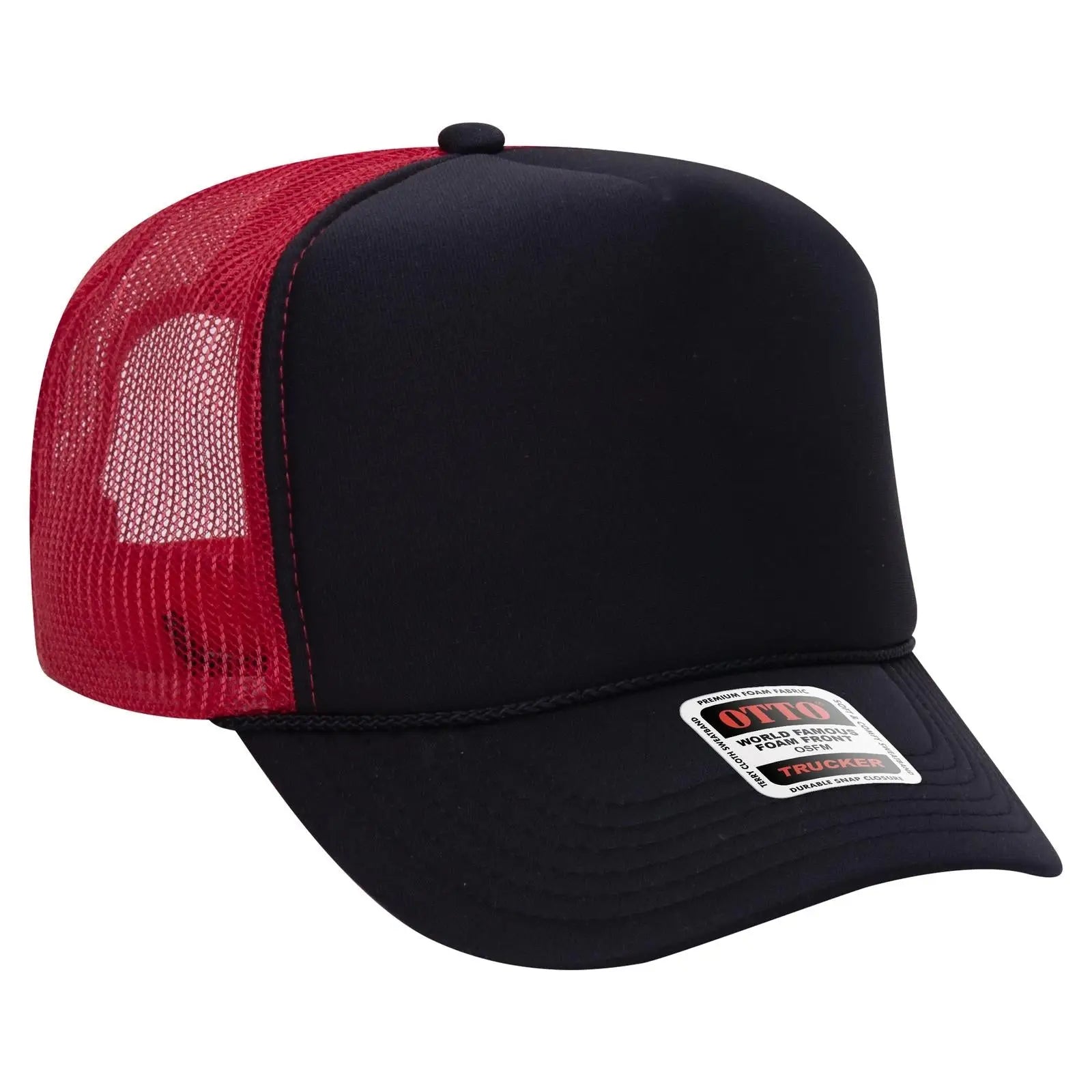 OTTO 39-165 5 Panel High Crown Mesh Back Trucker Cap - Blk/Blk/Red - Blk/Blk/Red / 6 1/2’’ - 7 5/8’’