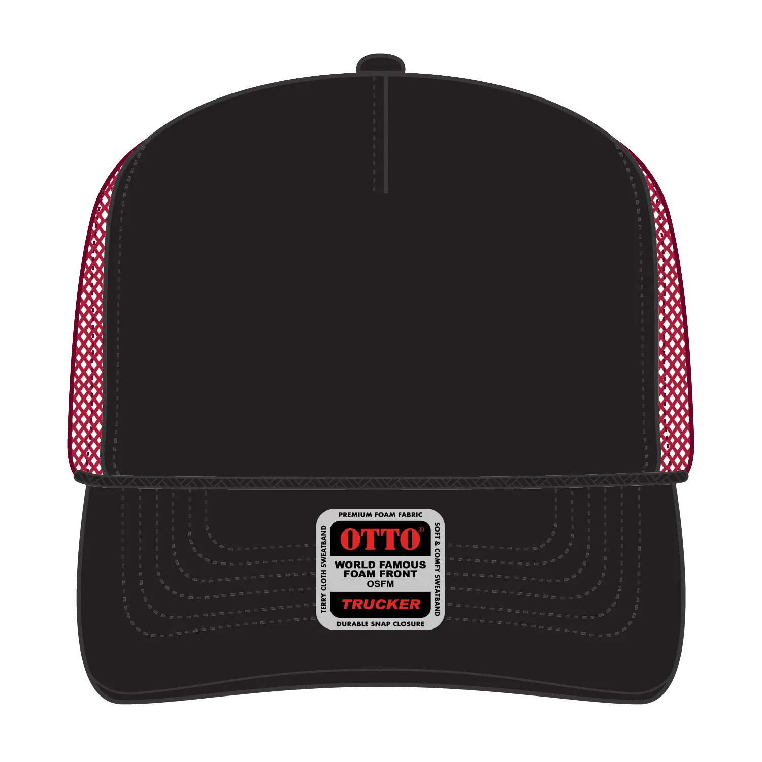 OTTO 39-165 5 Panel High Crown Mesh Back Trucker Cap - Blk/Blk/Red - Blk/Blk/Red / 6 1/2’’ - 7 5/8’’